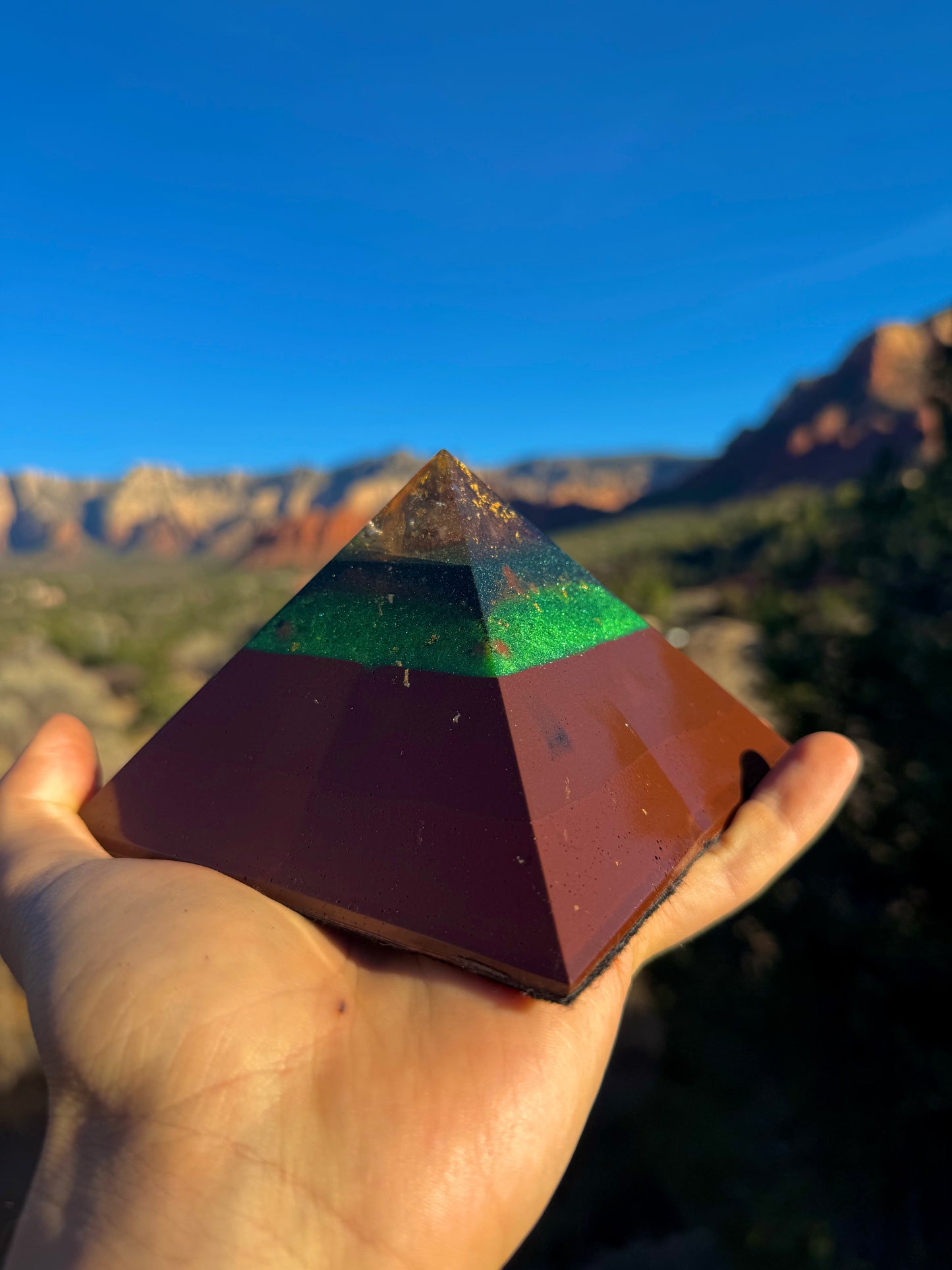 Medium Custom 8+ Sided Red Sun Giza Orgonite Pyramid For Anahata Heart Chakra