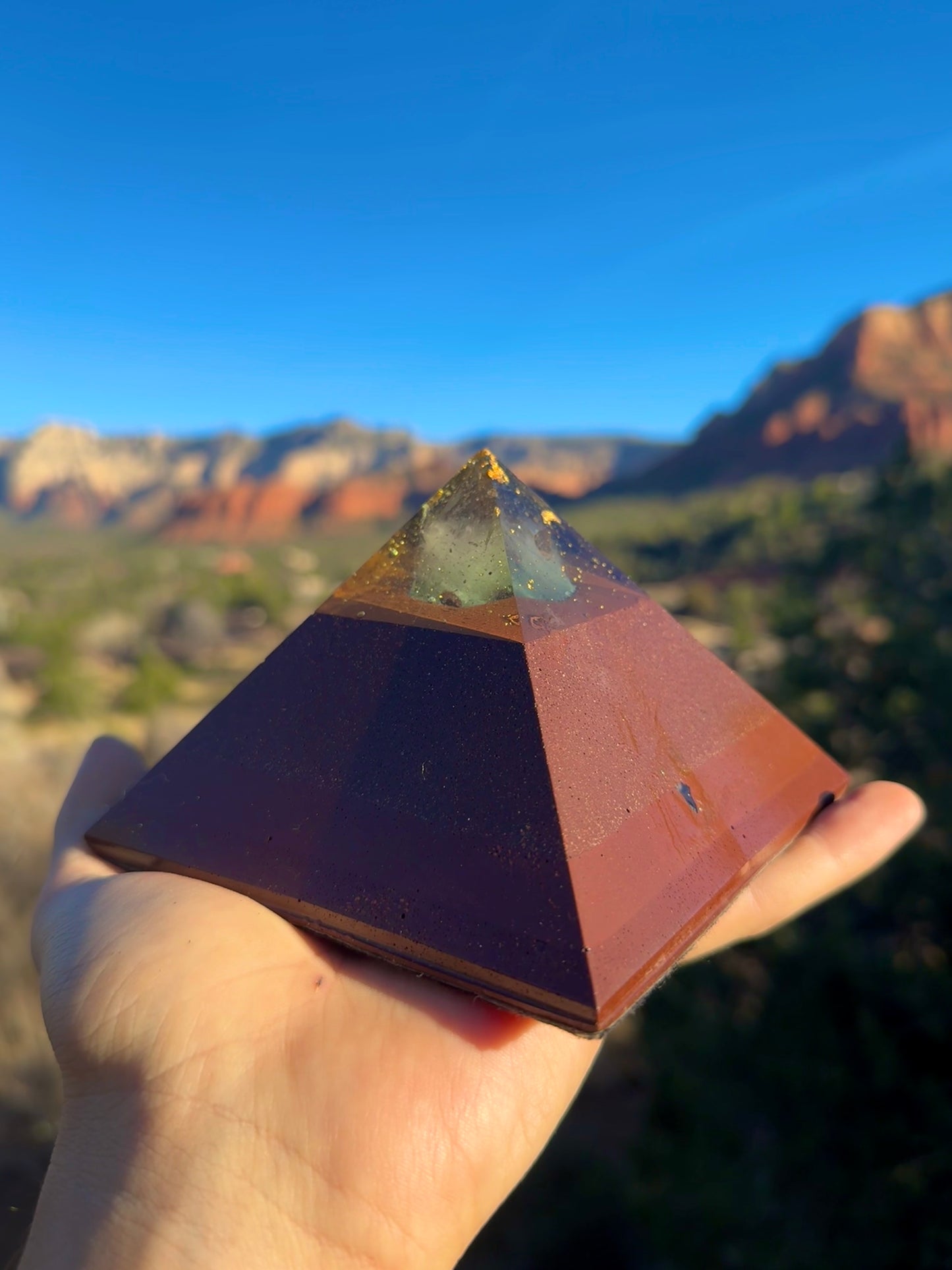 Medium Custom 8+ Sided Red Sun Giza Orgonite Pyramid For Anahata Heart Chakra