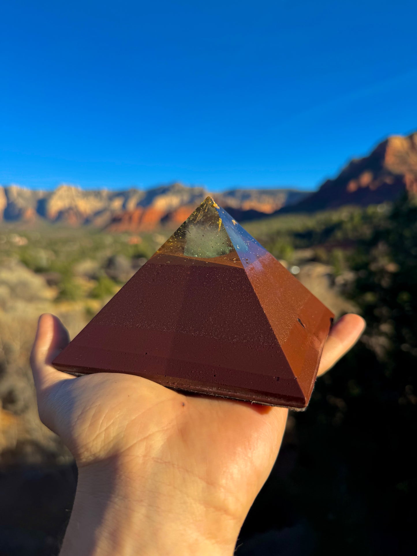 Medium Custom 8+ Sided Red Sun Giza Orgonite Pyramid For Anahata Heart Chakra
