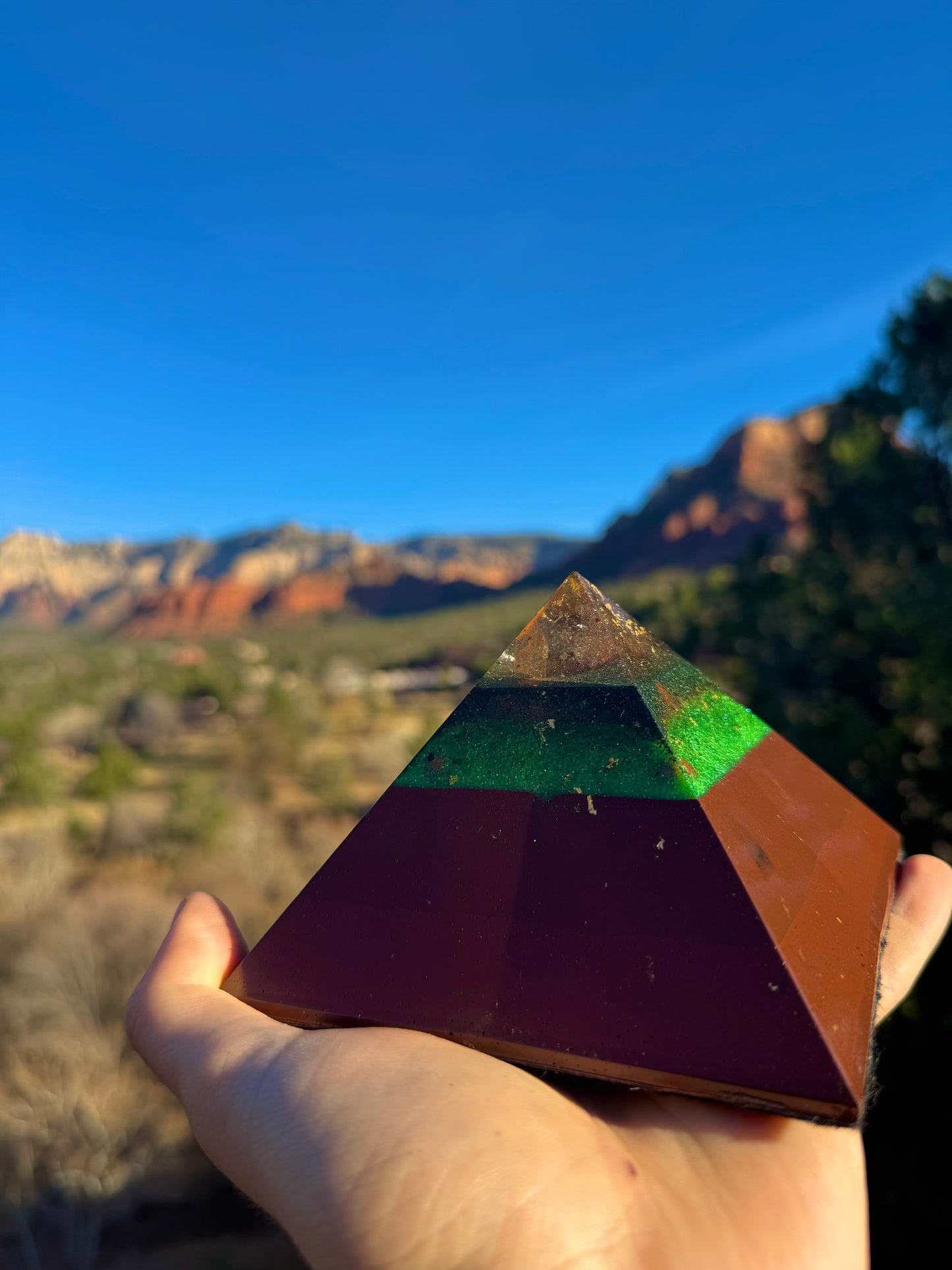 Medium Custom 8+ Sided Red Sun Giza Orgonite Pyramid For Anahata Heart Chakra