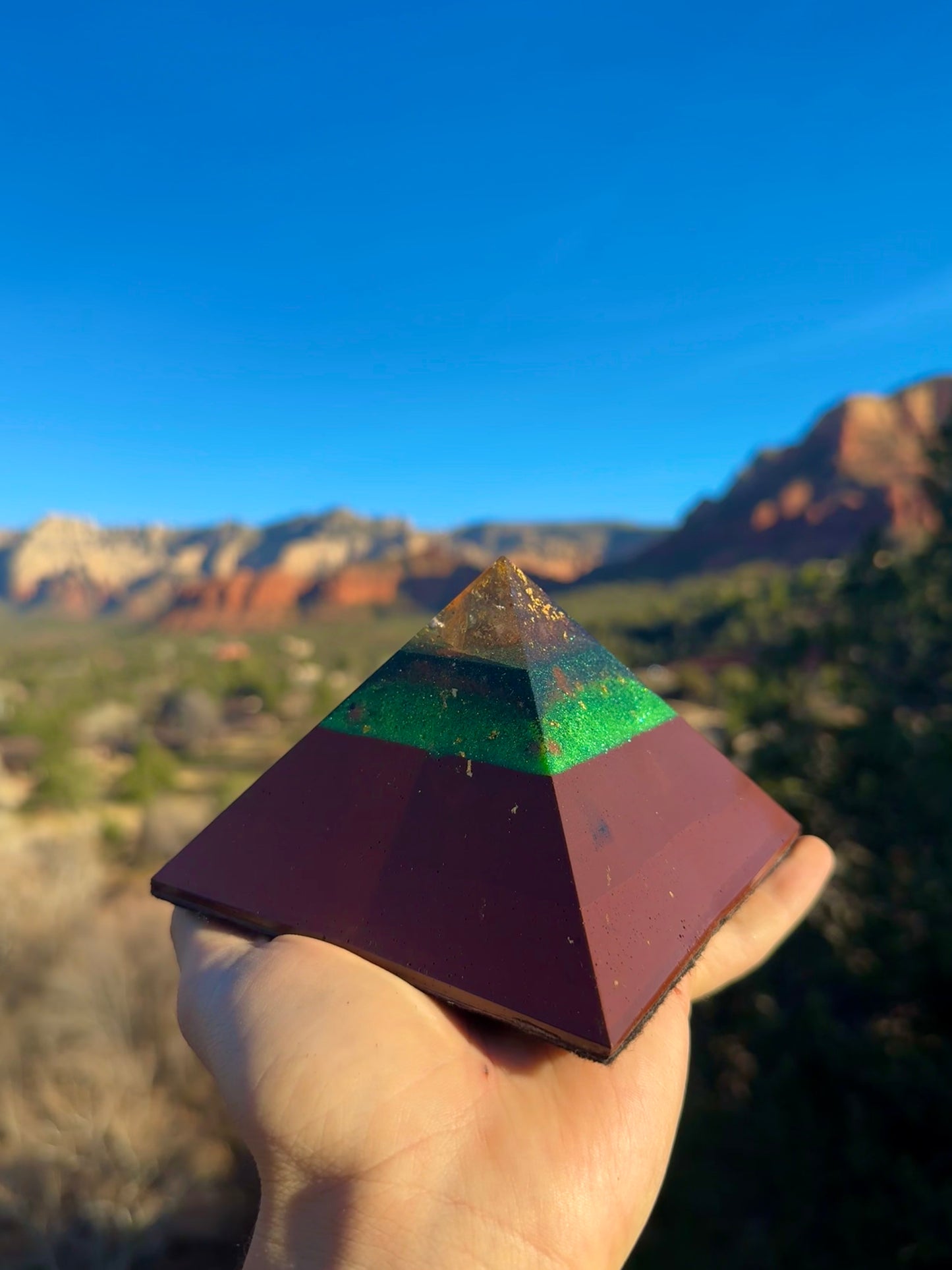 Medium Custom 8+ Sided Red Sun Giza Orgonite Pyramid For Anahata Heart Chakra