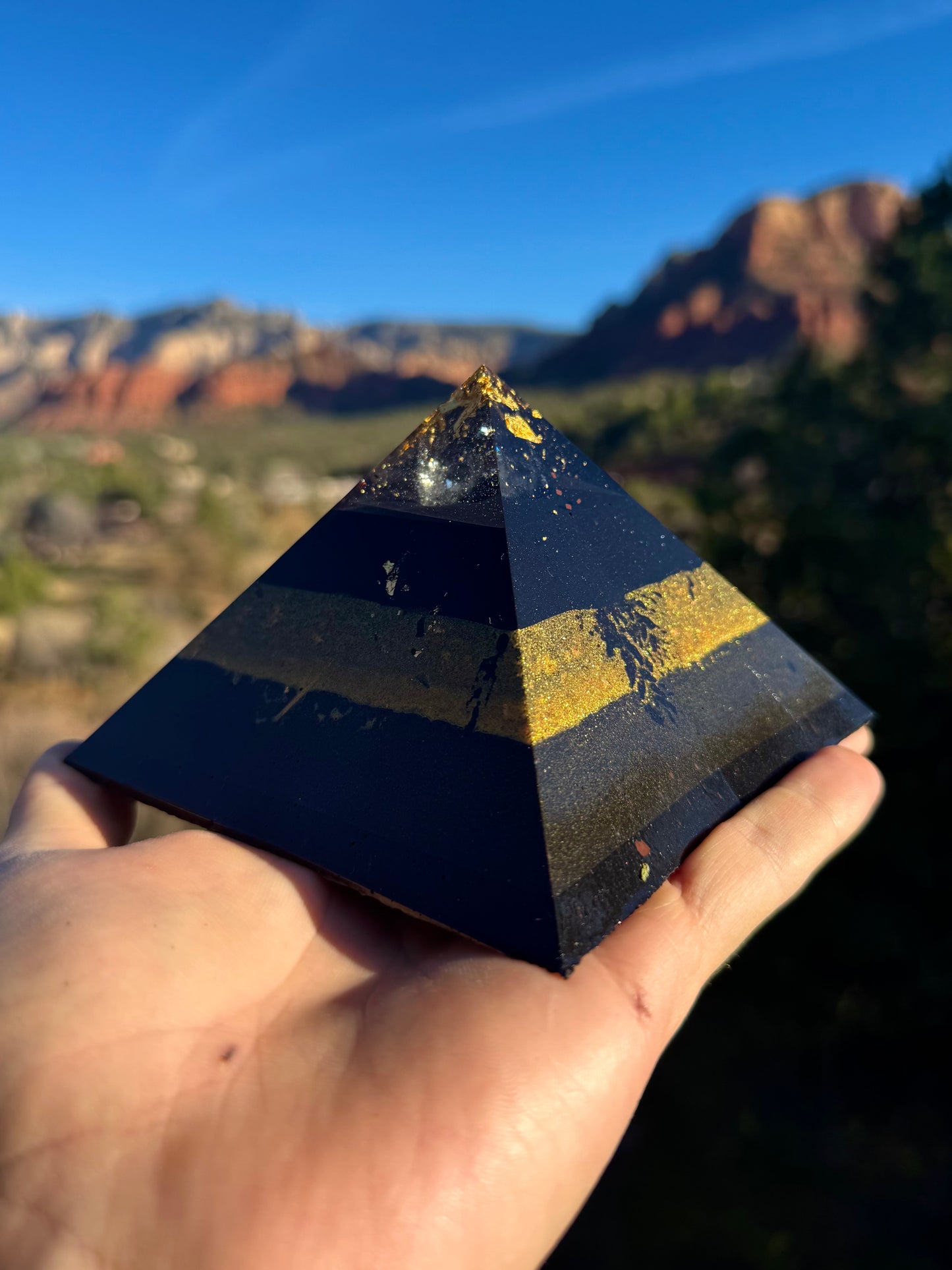 Medium Custom 8+ Sided Black Sun Giza Orgonite Pyramid For Manipura Solar Plexus Chakra
