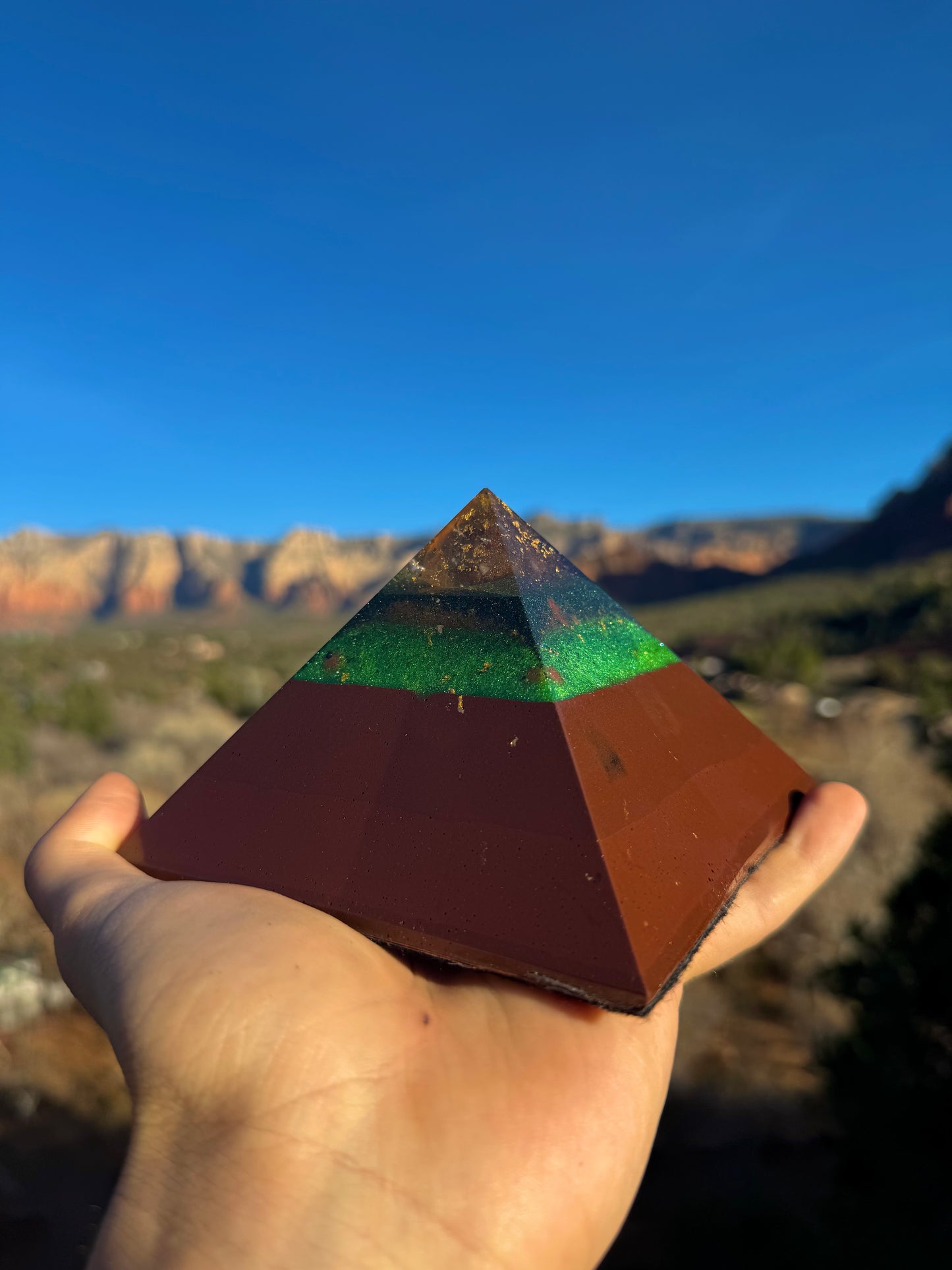 Medium Custom 8+ Sided Red Sun Giza Orgonite Pyramid For Anahata Heart Chakra