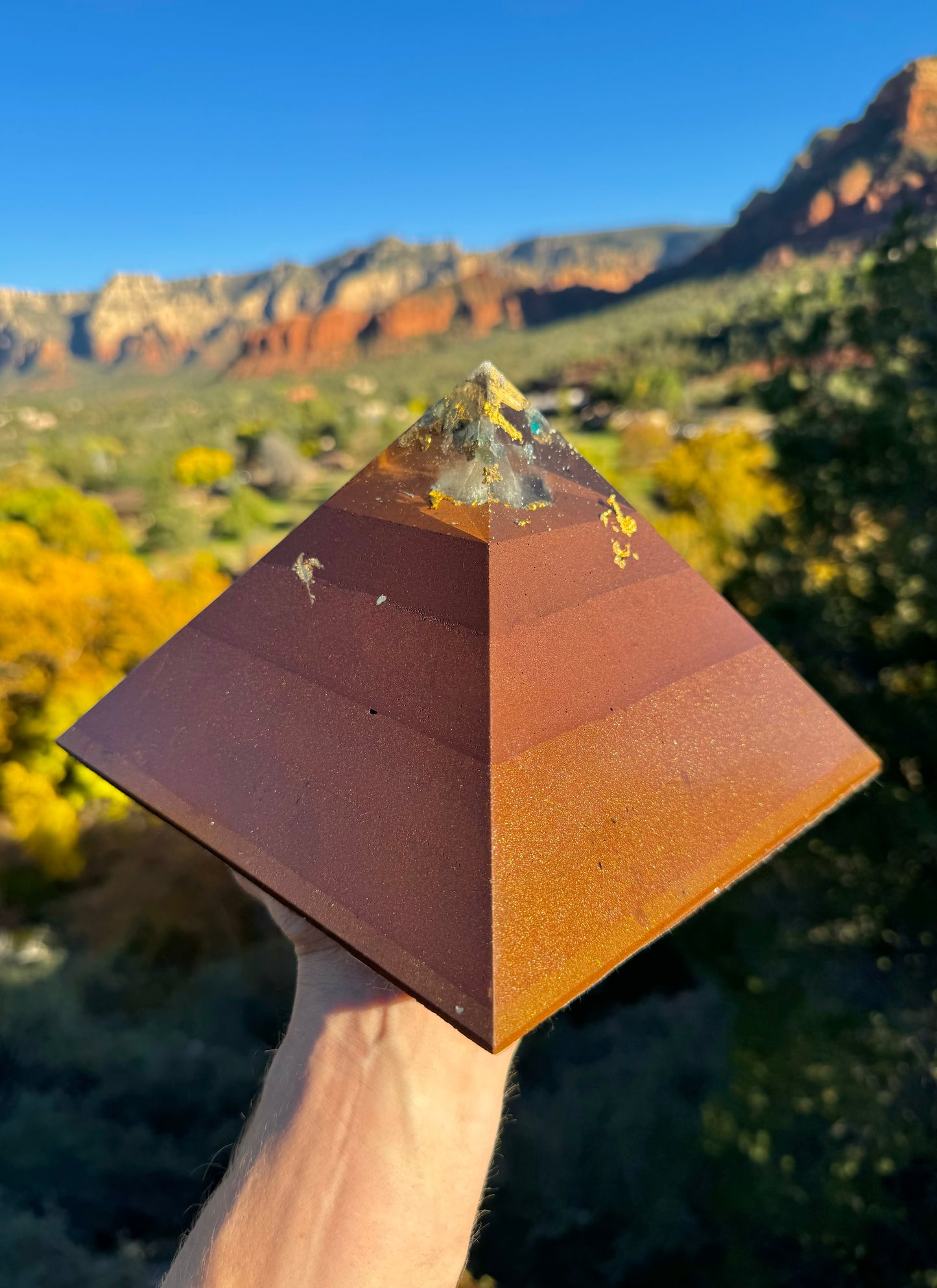 Large Custom 8+ Sided Red Sun Giza Orgonite Pyramid For Ajna Third Eye Chakra