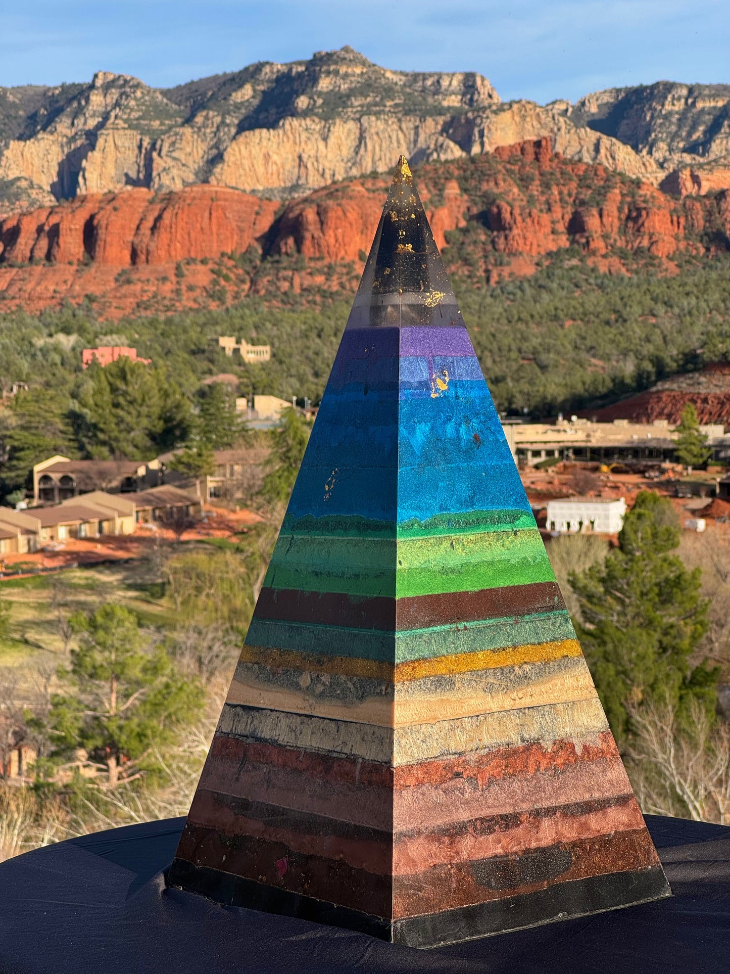 'Seven Chakras' 76-degree Black Sun Nubian orgone pyramid, close-up view