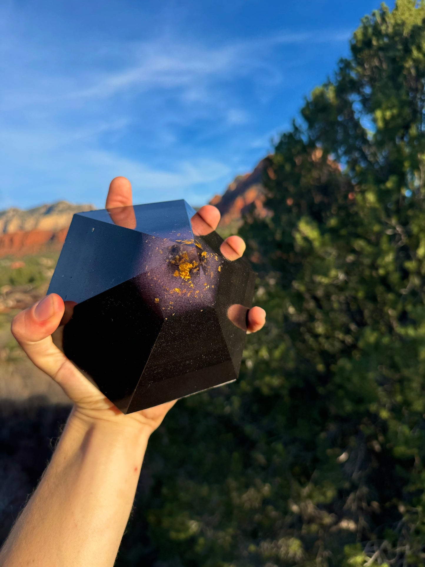 Purple 'Ajna' Black Sun Dodecahedron orgone pyramid, close-up view