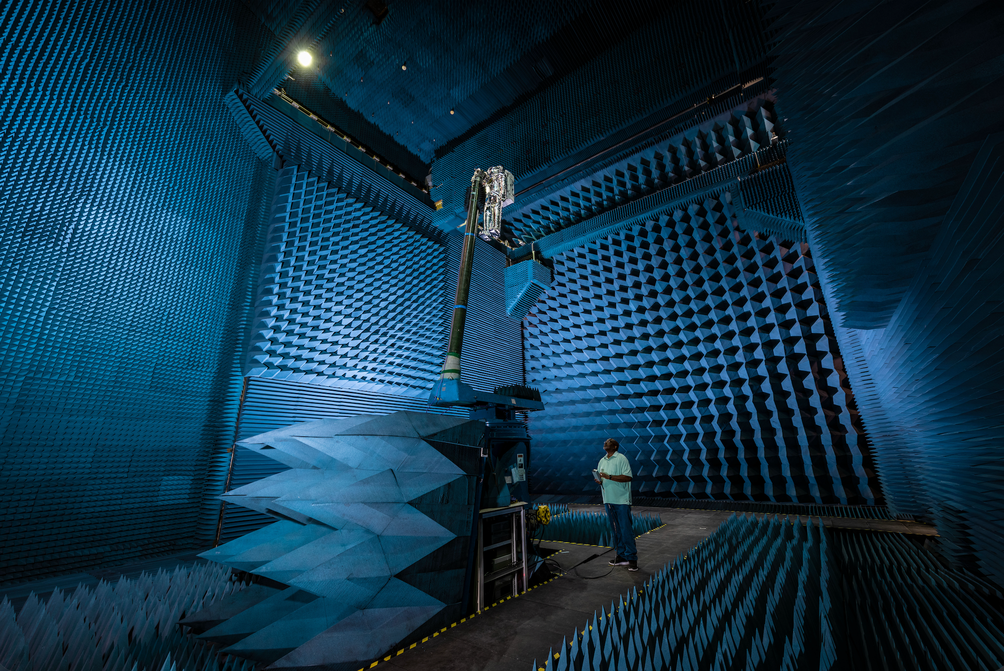 Military anechoic chamber interior lined with black pyramid-shaped RAM — the same electromagnetic absorption principle used in Orgonomy pyramids