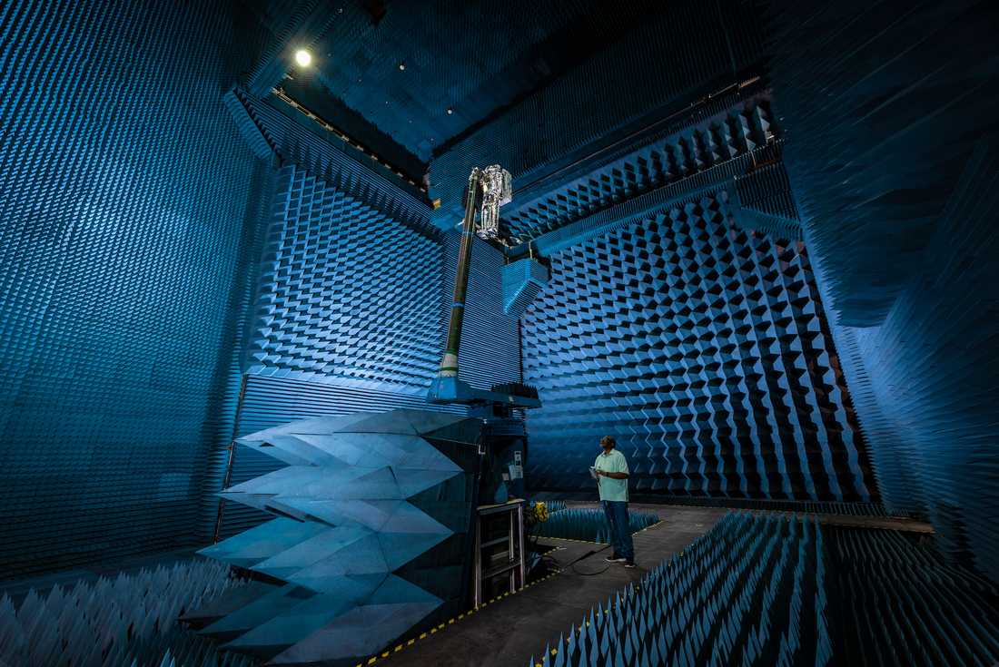 Military anechoic chamber interior lined with black pyramid-shaped RAM — the same electromagnetic absorption principle used in Orgonomy pyramids