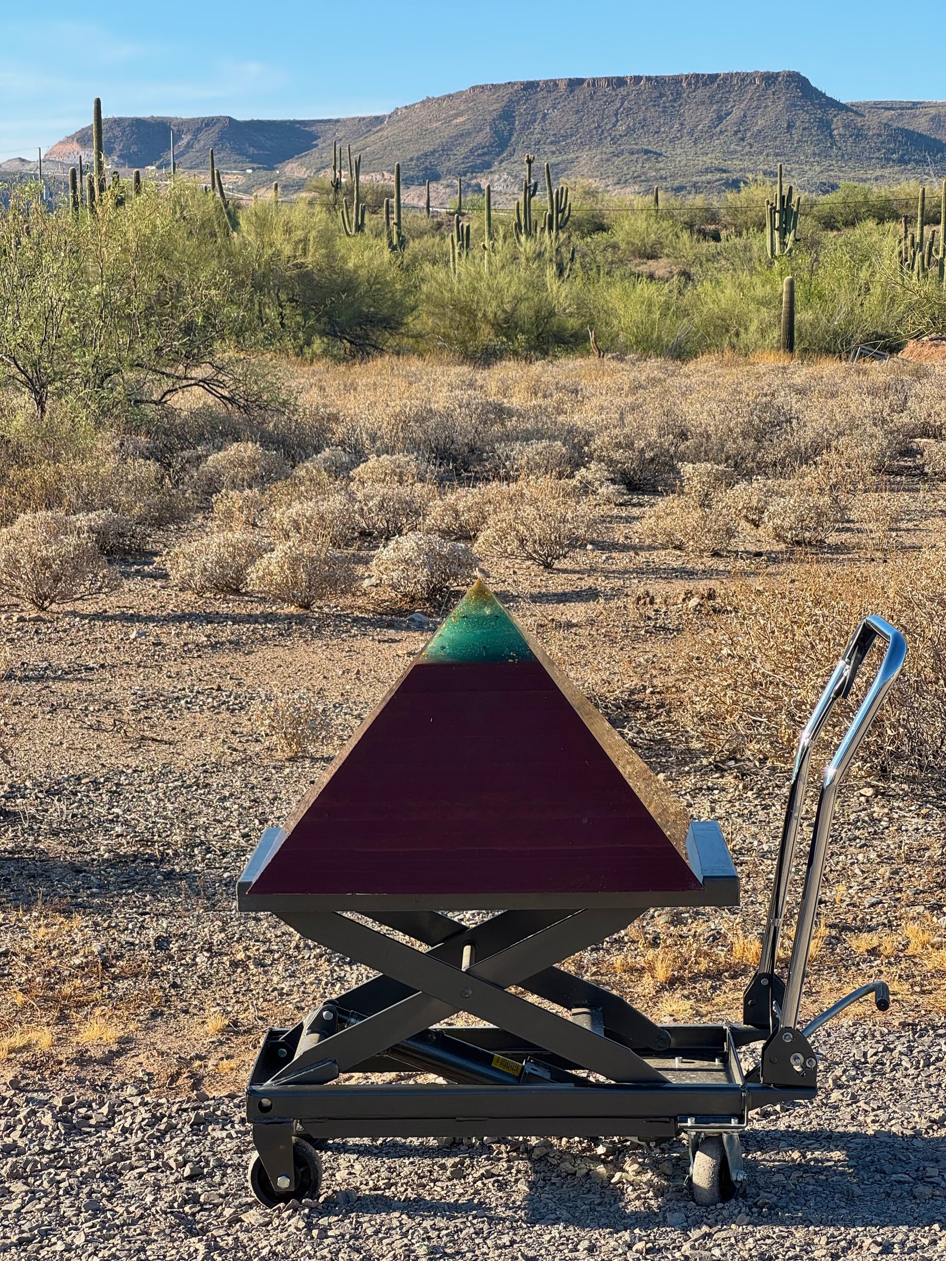 Aquamarine Red Sun Giza museum-grade orgone pyramid, shown to scale