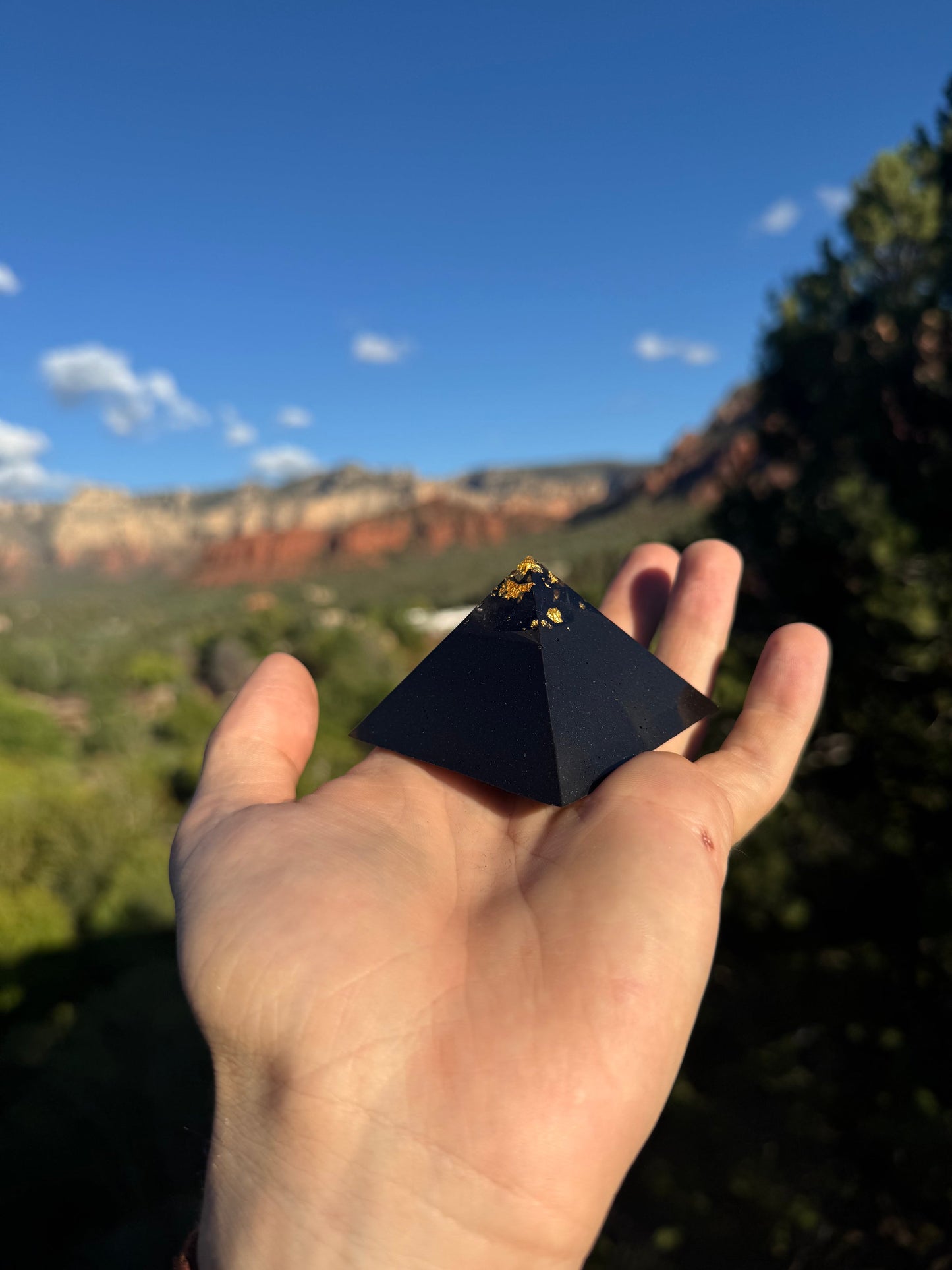 Small Black Sun Giza orgone pyramid, lifestyle view