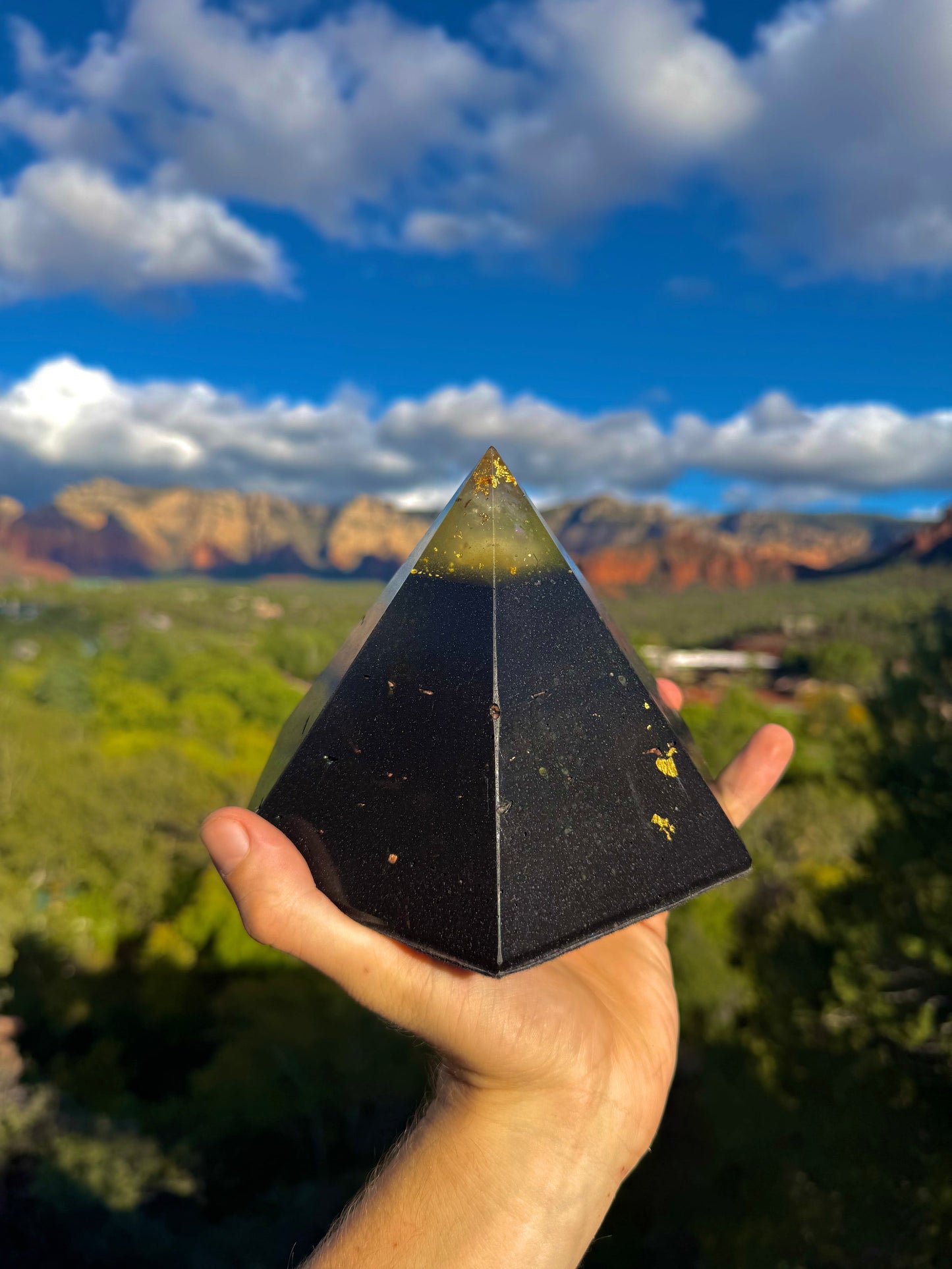 Solar Plexus Black Sun Dodecahedron orgone pyramid, shown to scale