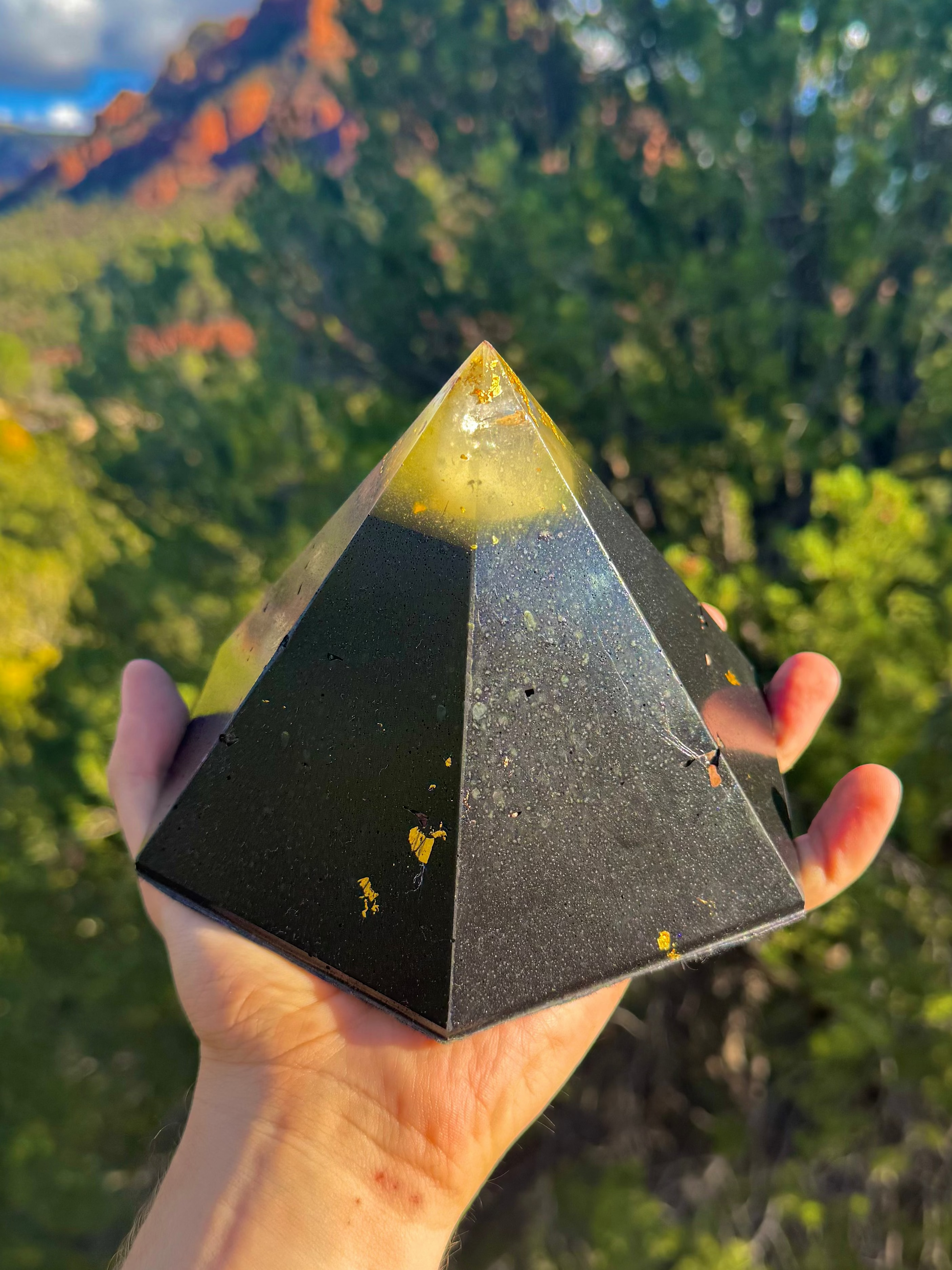 Solar Plexus Black Sun Dodecahedron orgone pyramid with a 12-sided field and gem-grade crystals