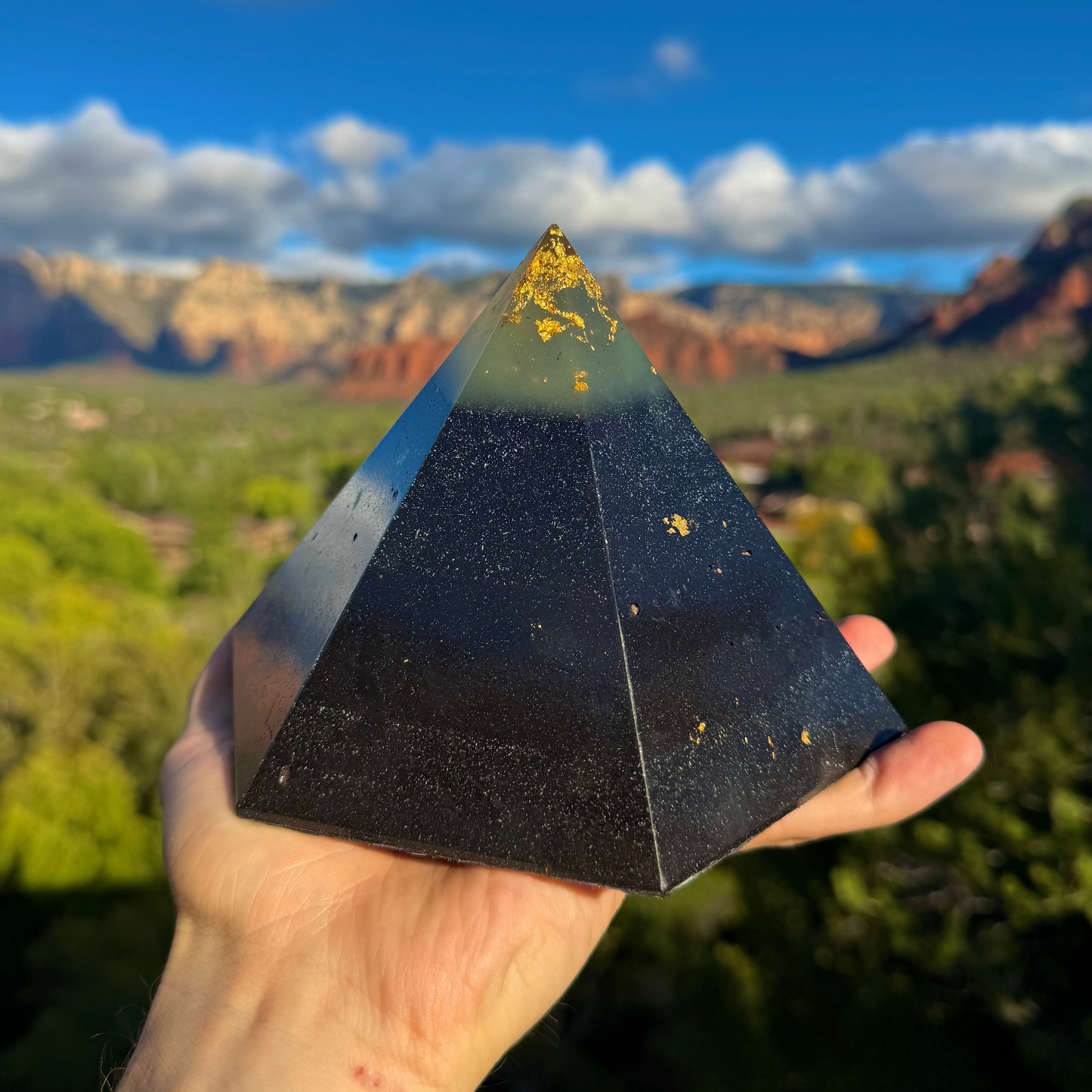 Green-glowing Black Sun Dodecahedron orgone pyramid, detail view