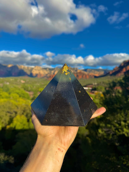 Green-glowing Black Sun Dodecahedron orgone pyramid, alternate angle