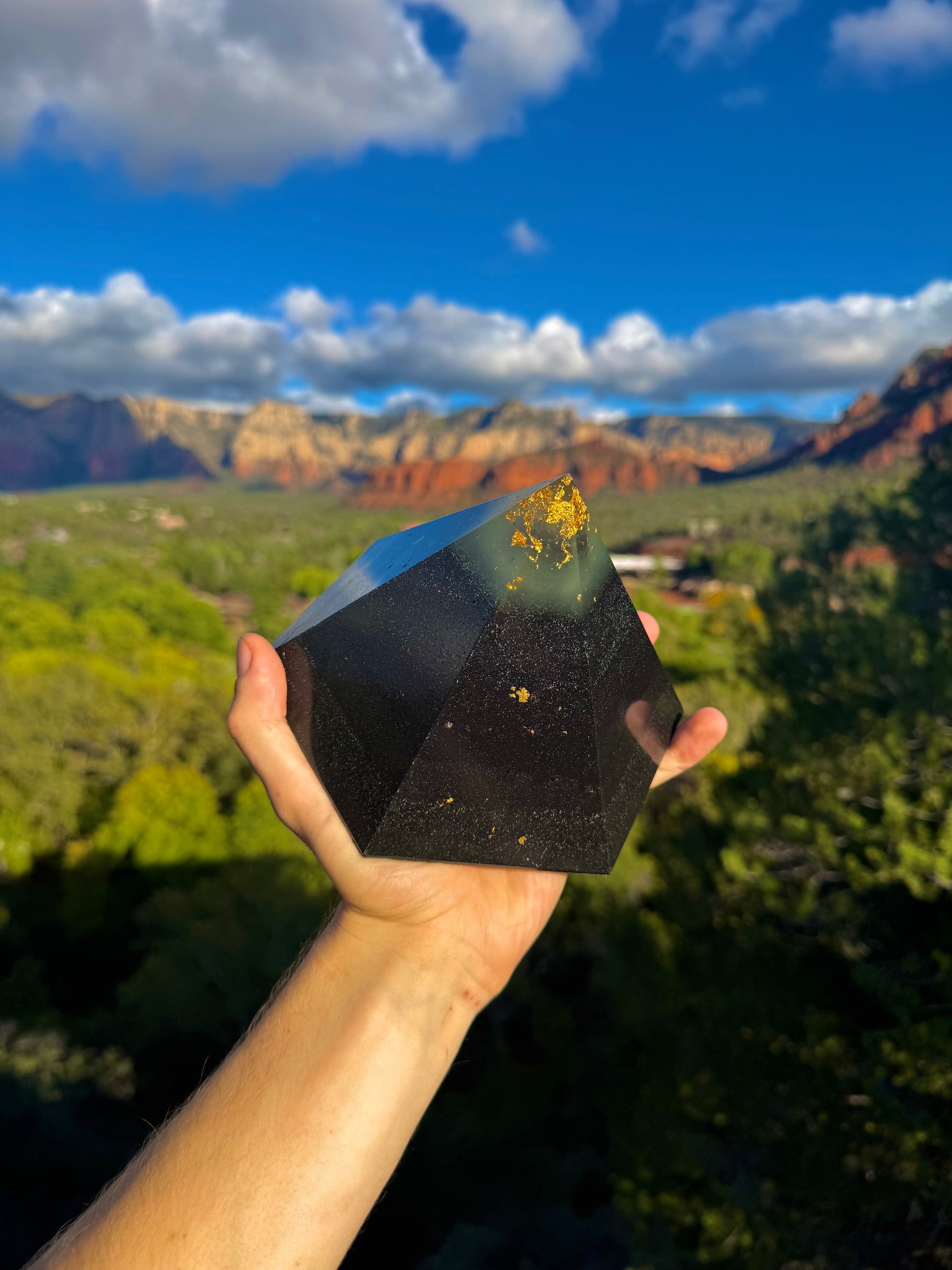 Green-glowing Black Sun Dodecahedron orgone pyramid, additional view