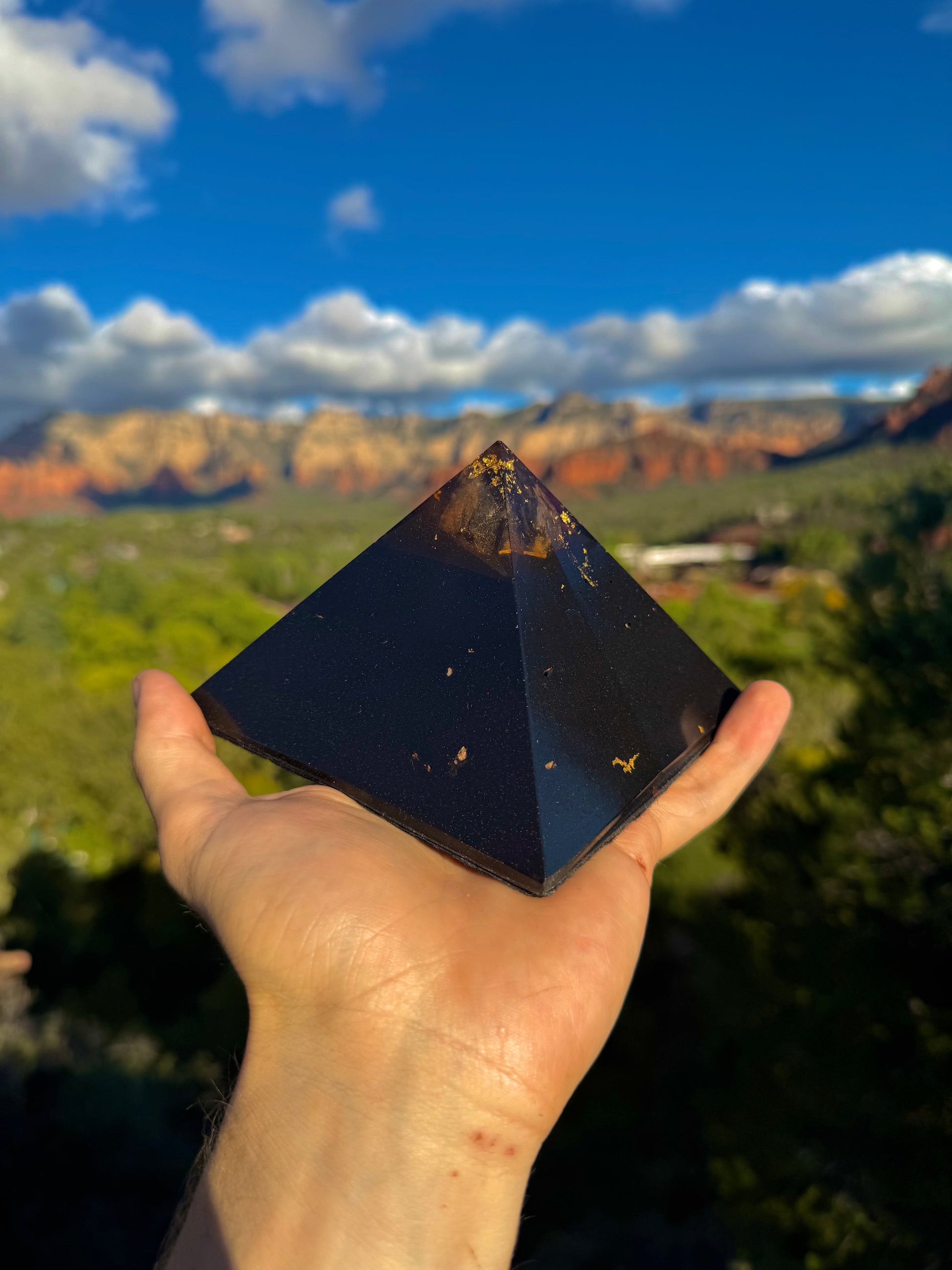 Custom red-toned Black Sun Giza orgone pyramid, alternate angle