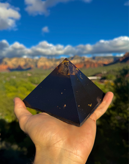 Custom red-toned Black Sun Giza orgone pyramid with gem-grade crystals and 24K gold
