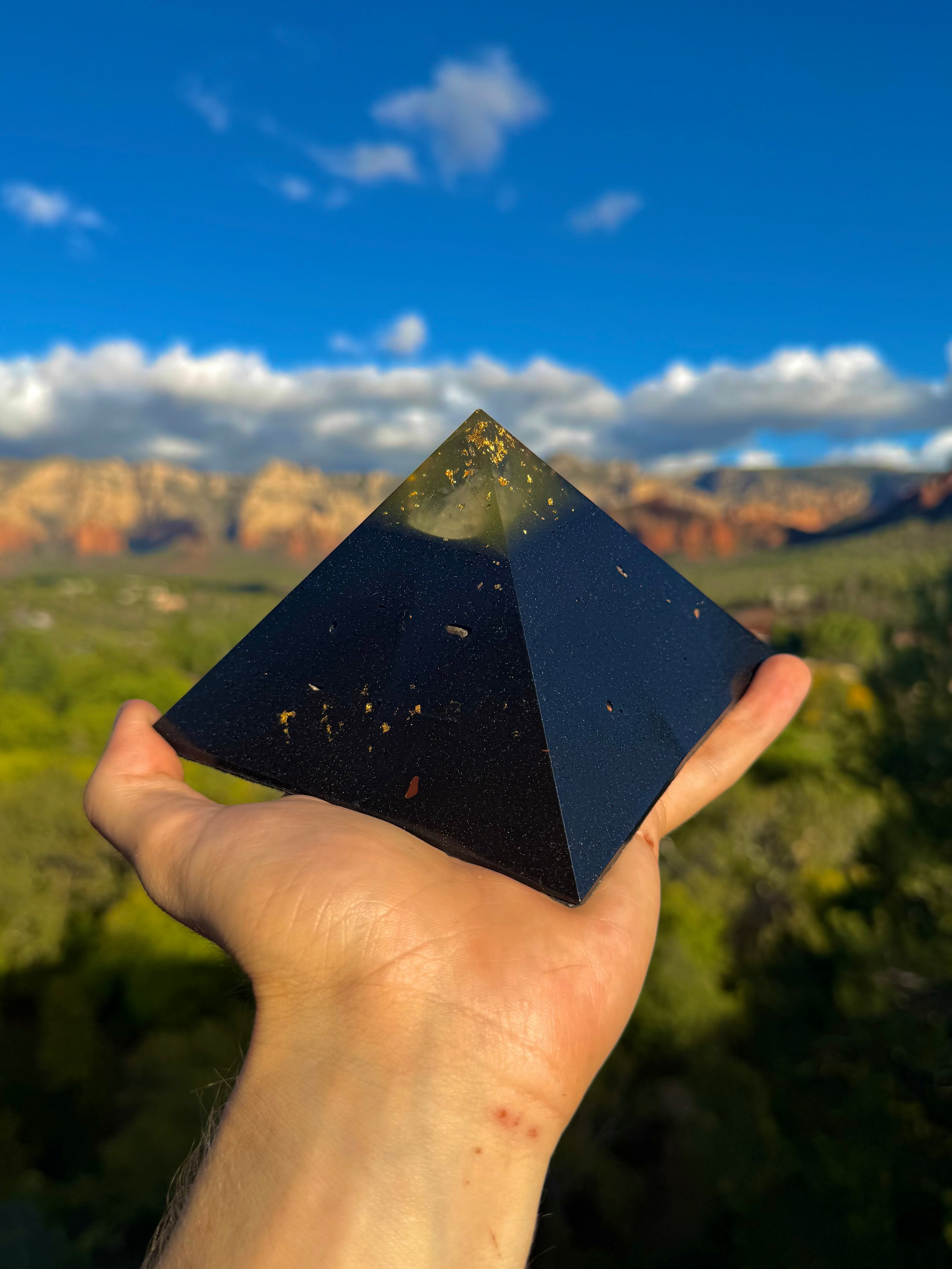 Solar Plexus Black Sun Giza orgone pyramid with gem-grade crystals and 24K gold, handcrafted by Orgonomy
