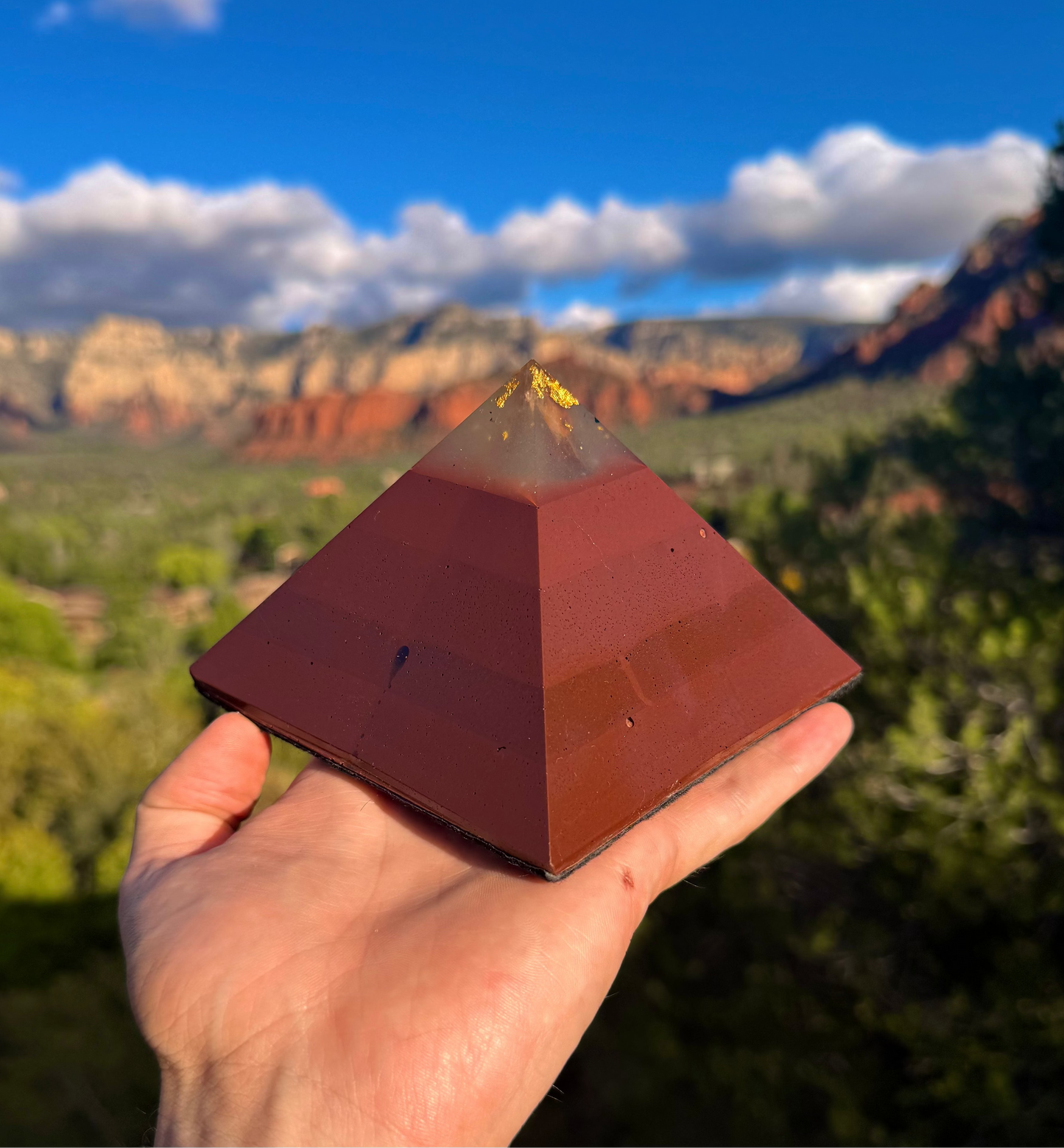 Green-glowing Red Sun Giza orgone pyramid with a natural Ye Ming Zhu glow-stone capstone