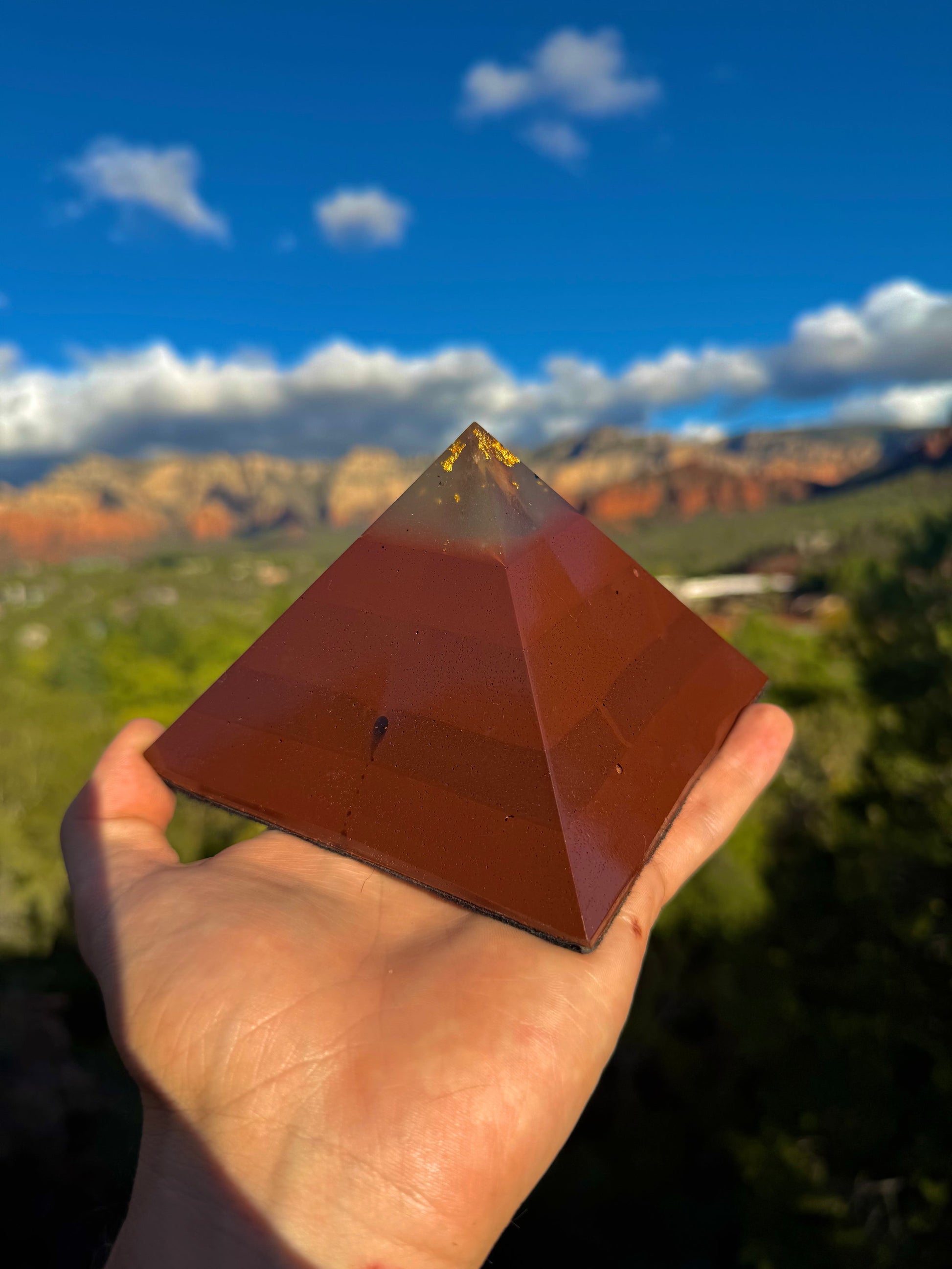 Green-glowing Red Sun Giza orgone pyramid, detail view