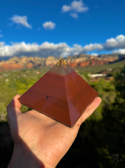 Green-glowing Red Sun Giza orgone pyramid, close-up view