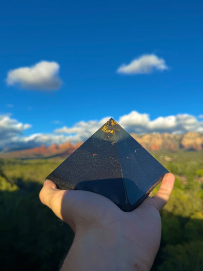 Green-glowing Black Sun Giza orgone pyramid, detail view