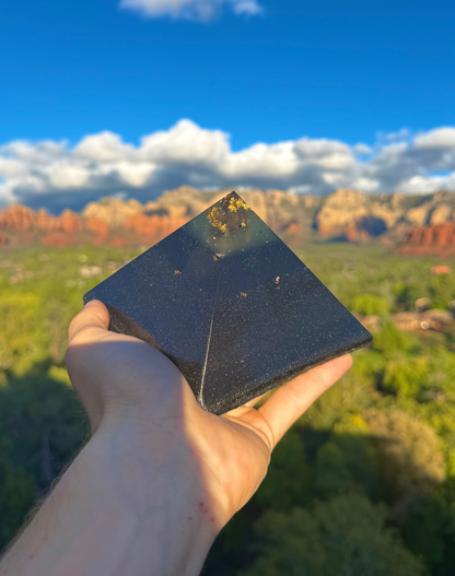 Green-glowing Black Sun Giza orgone pyramid, alternate angle