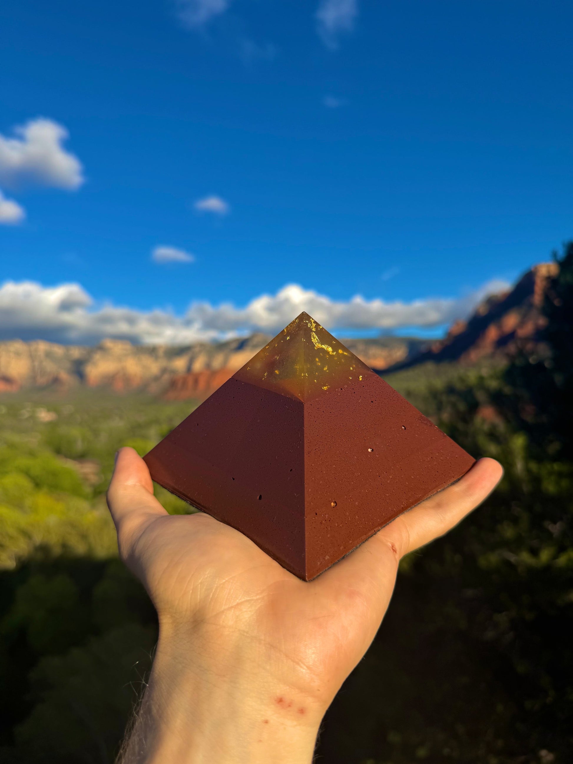 Solar Plexus Red Sun Giza orgone pyramid, shown to scale