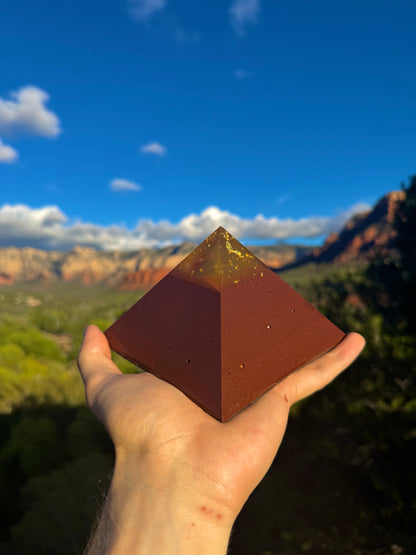 Solar Plexus Red Sun Giza orgone pyramid, shown to scale