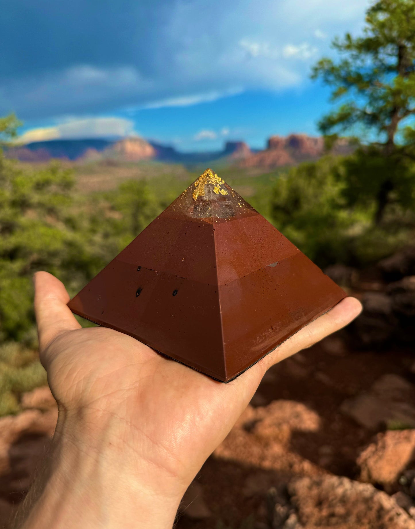 Medium Red Sun Giza orgone pyramid, close-up view