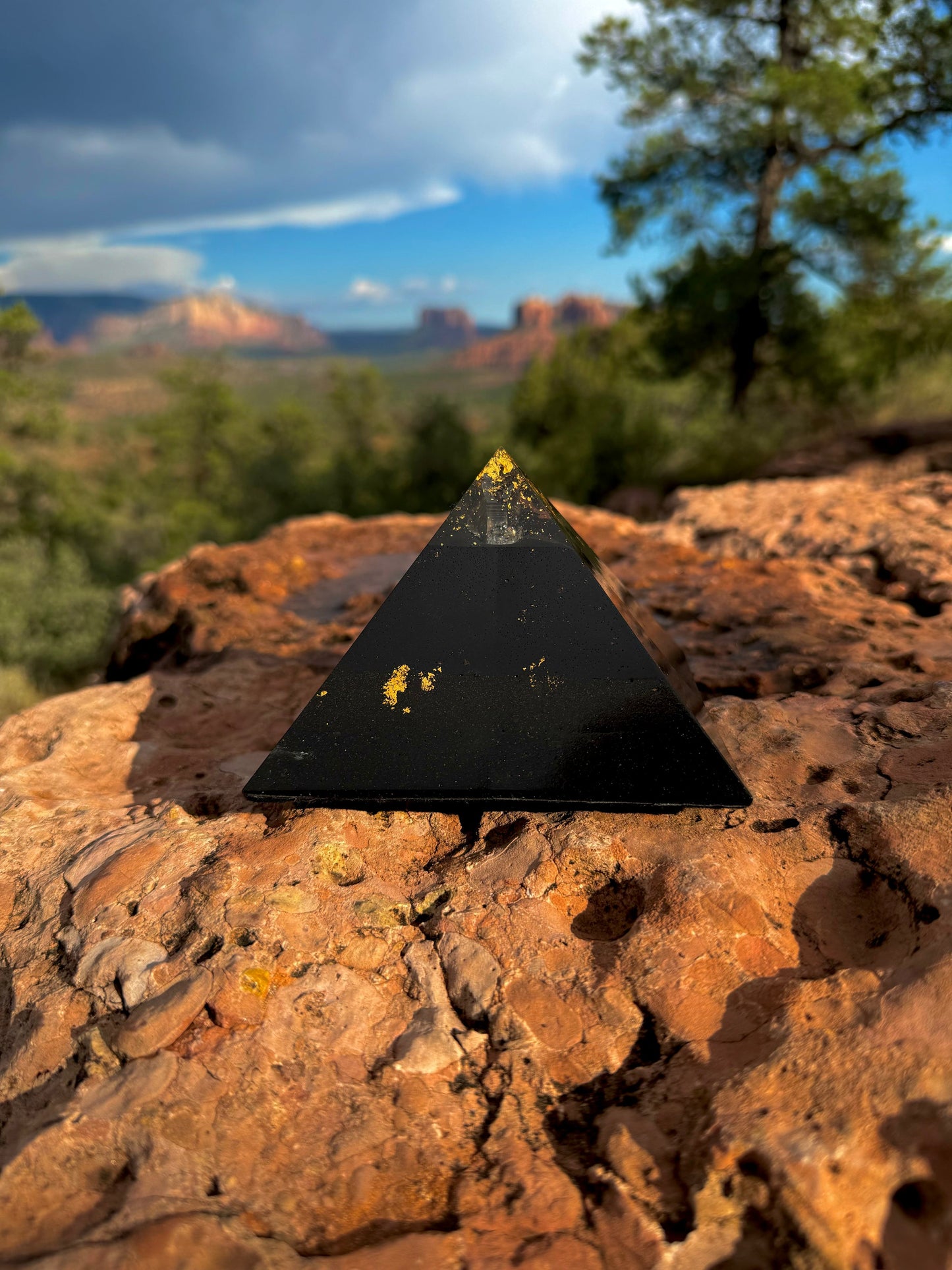 Medium Black Sun Giza orgone pyramid, shown to scale