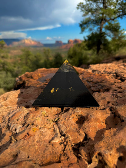 Medium Black Sun Giza orgone pyramid, shown to scale