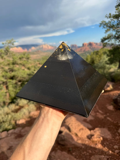Large Black Sun Giza orgone pyramid for whole-room EMF protection, with a 24K gold capstone