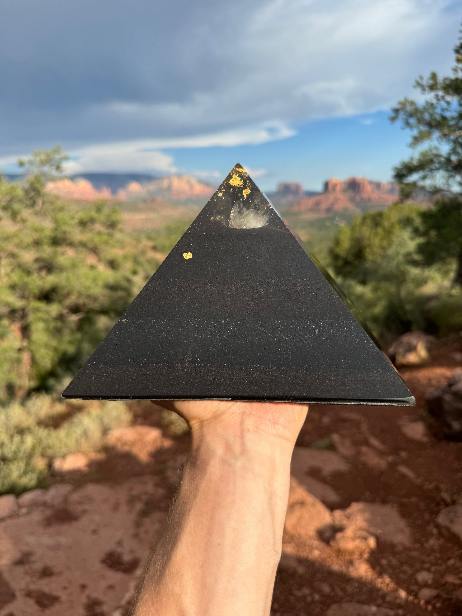 Large Black Sun Giza orgone pyramid, close-up view