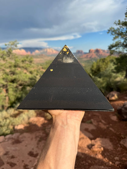 Large Black Sun Giza orgone pyramid, close-up view