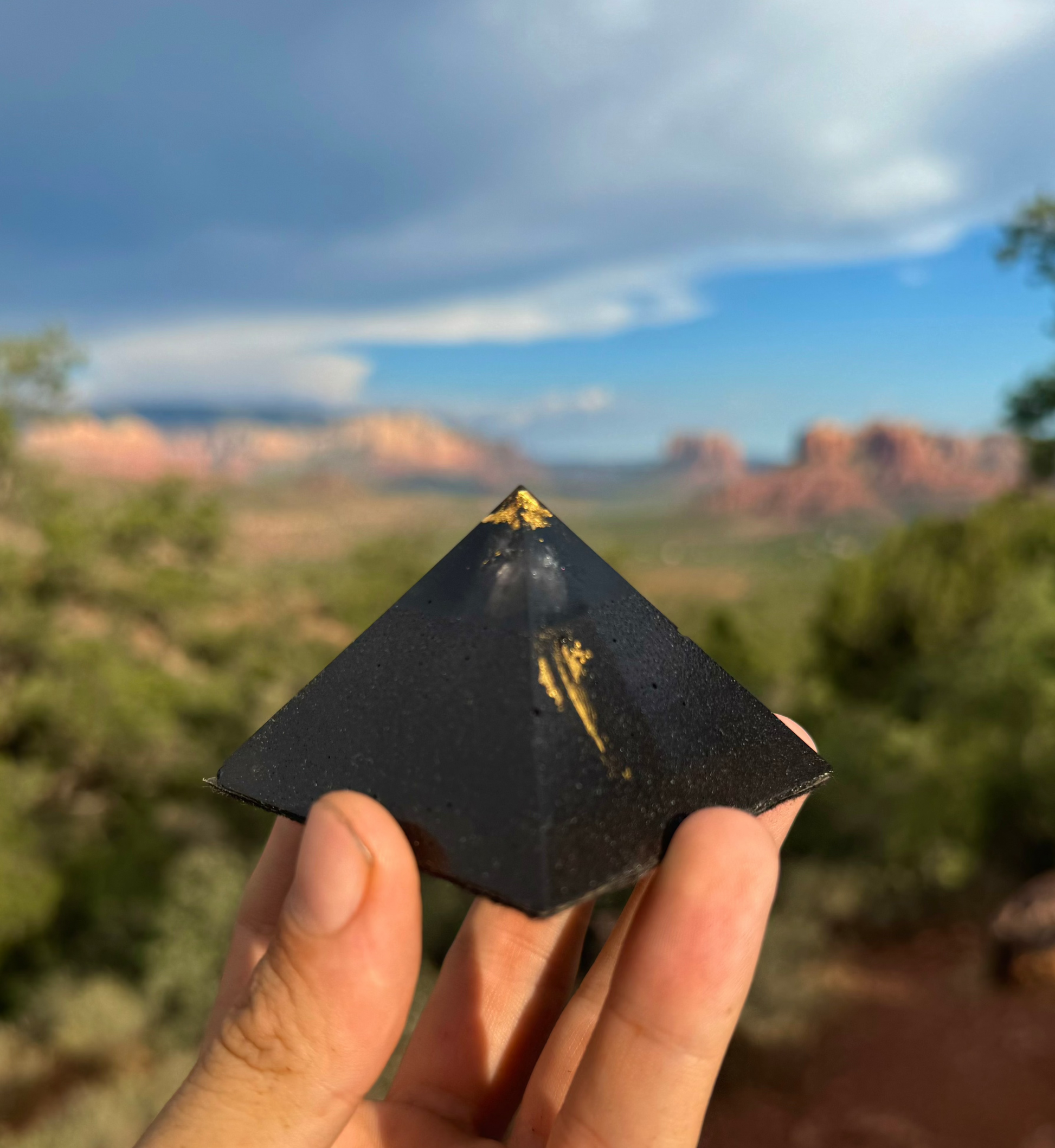 Small Black Sun Giza orgone pyramid for EMF protection and sleep, with 24K gold