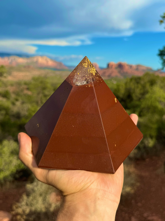 Red Sun Dodecahedron orgone pyramid with a 12-sided field and hematite base for vitality