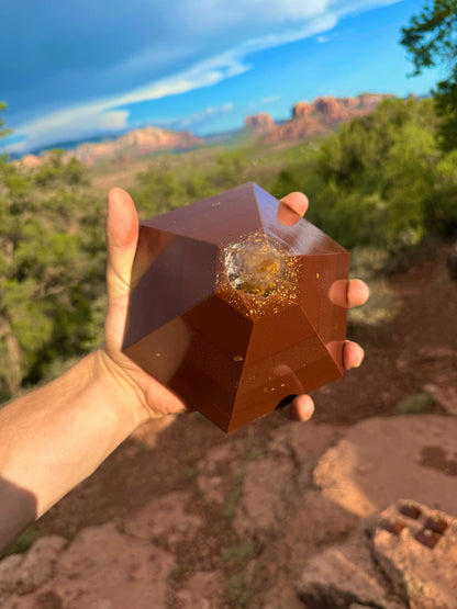 Red Sun Dodecahedron orgone pyramid, close-up view