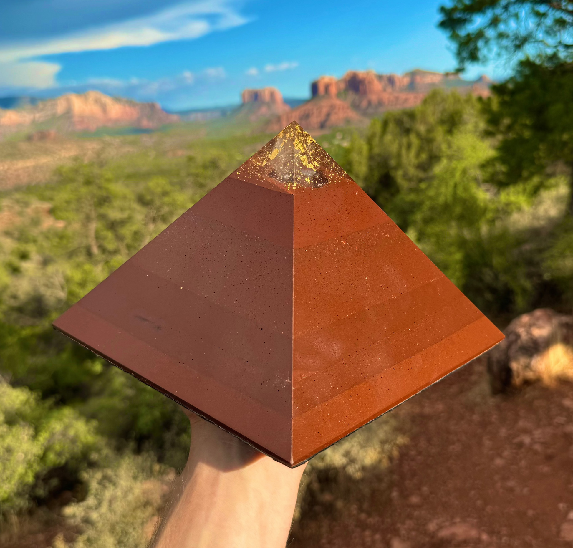 Large Red Sun Giza orgone pyramid, detail view