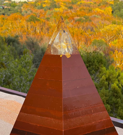 XXL 72-degree Red Sun Nubian orgone pyramid, 24 inches tall and 50 lbs, with a hematite base