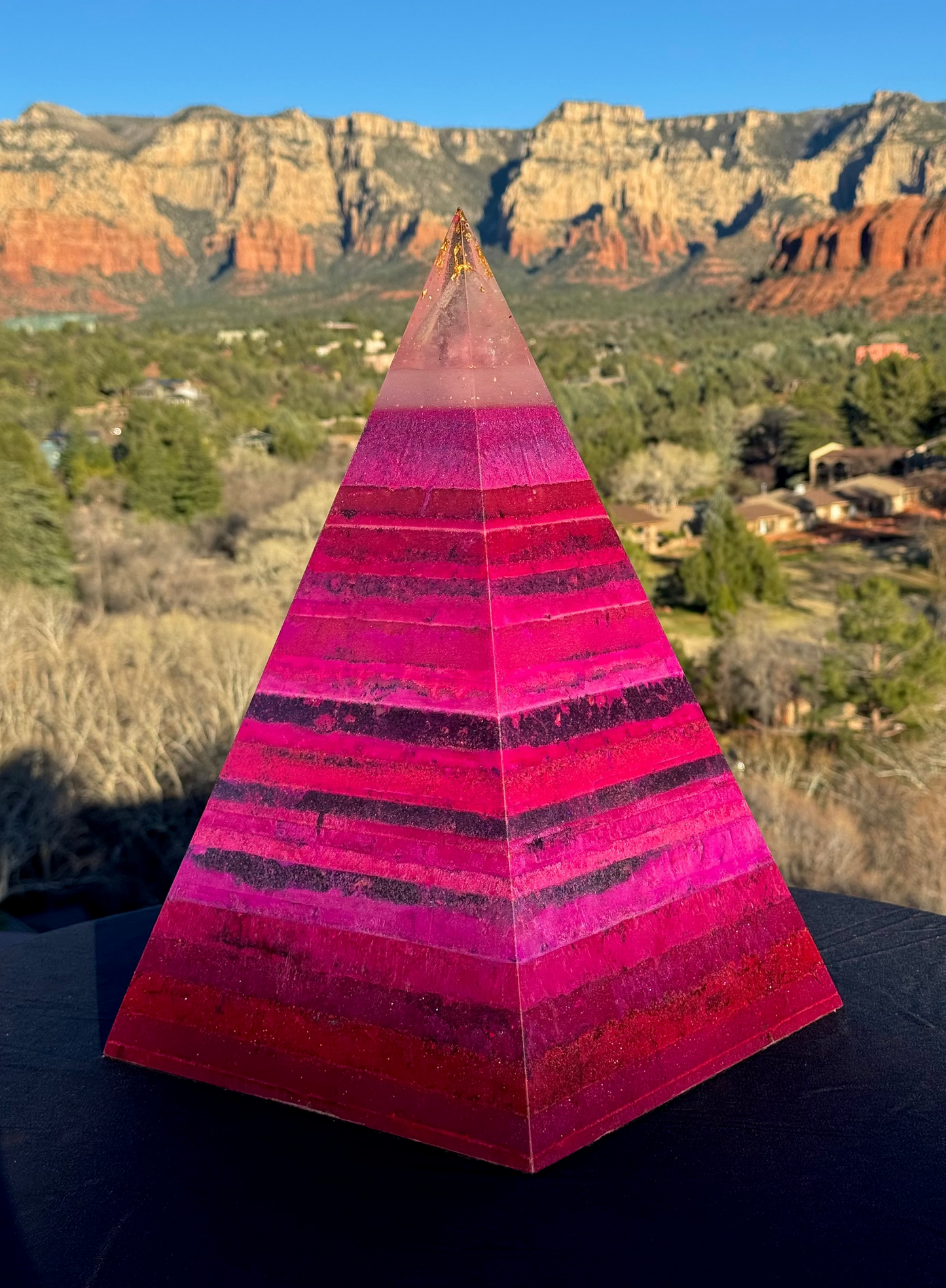 'The Midnight' Black Sun Nubian orgone pyramid in deep black with UV-glowing mica and 24K gold