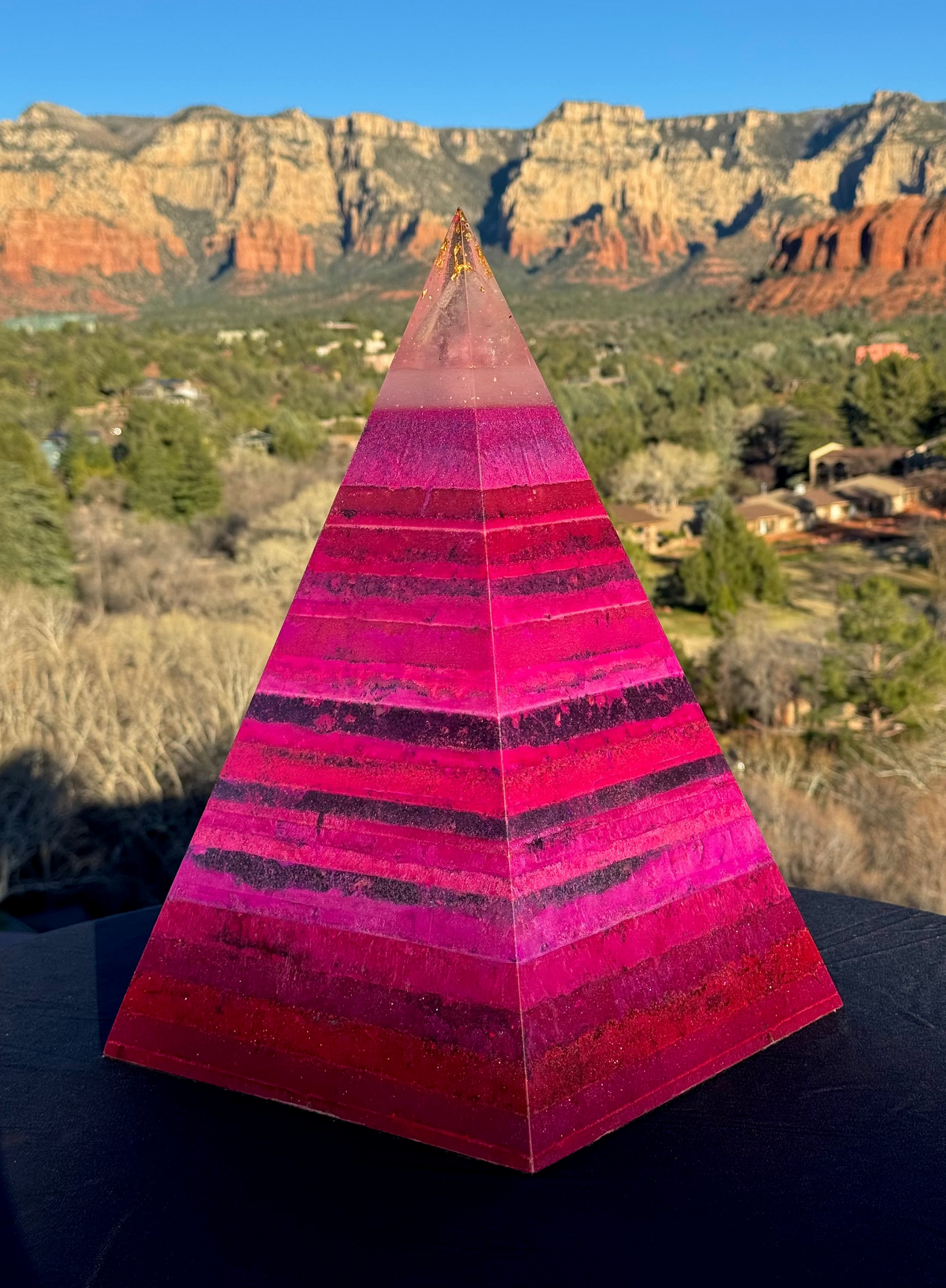 'The Midnight' Black Sun Nubian orgone pyramid in deep black with UV-glowing mica and 24K gold
