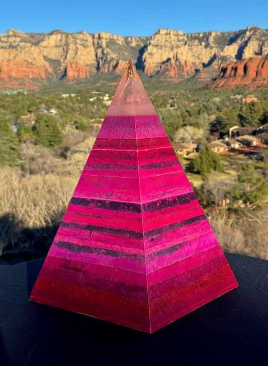 'The Midnight' Black Sun Nubian orgone pyramid in deep black with UV-glowing mica and 24K gold