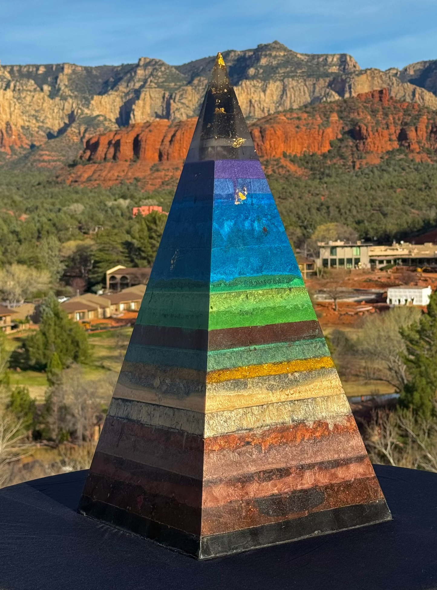 'Seven Chakras' 76-degree Black Sun Nubian orgone pyramid with rainbow mica layers and 24K gold