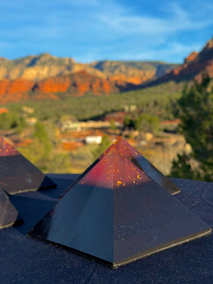 Titanium pink-tipped Black Sun Giza orgone pyramid, alternate angle