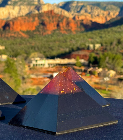 Titanium pink-tipped Black Sun Giza orgone pyramid, detail view