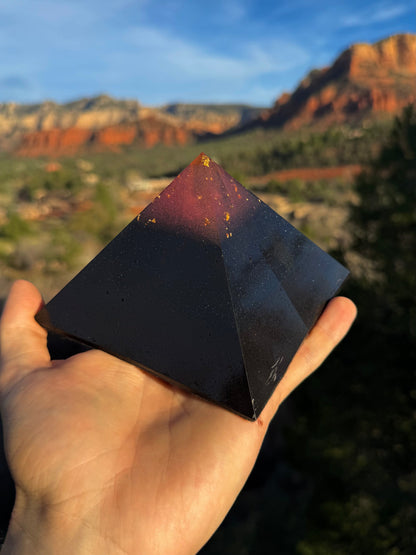 Titanium pink-tipped Black Sun Giza orgone pyramid, pink-tip capstone detail