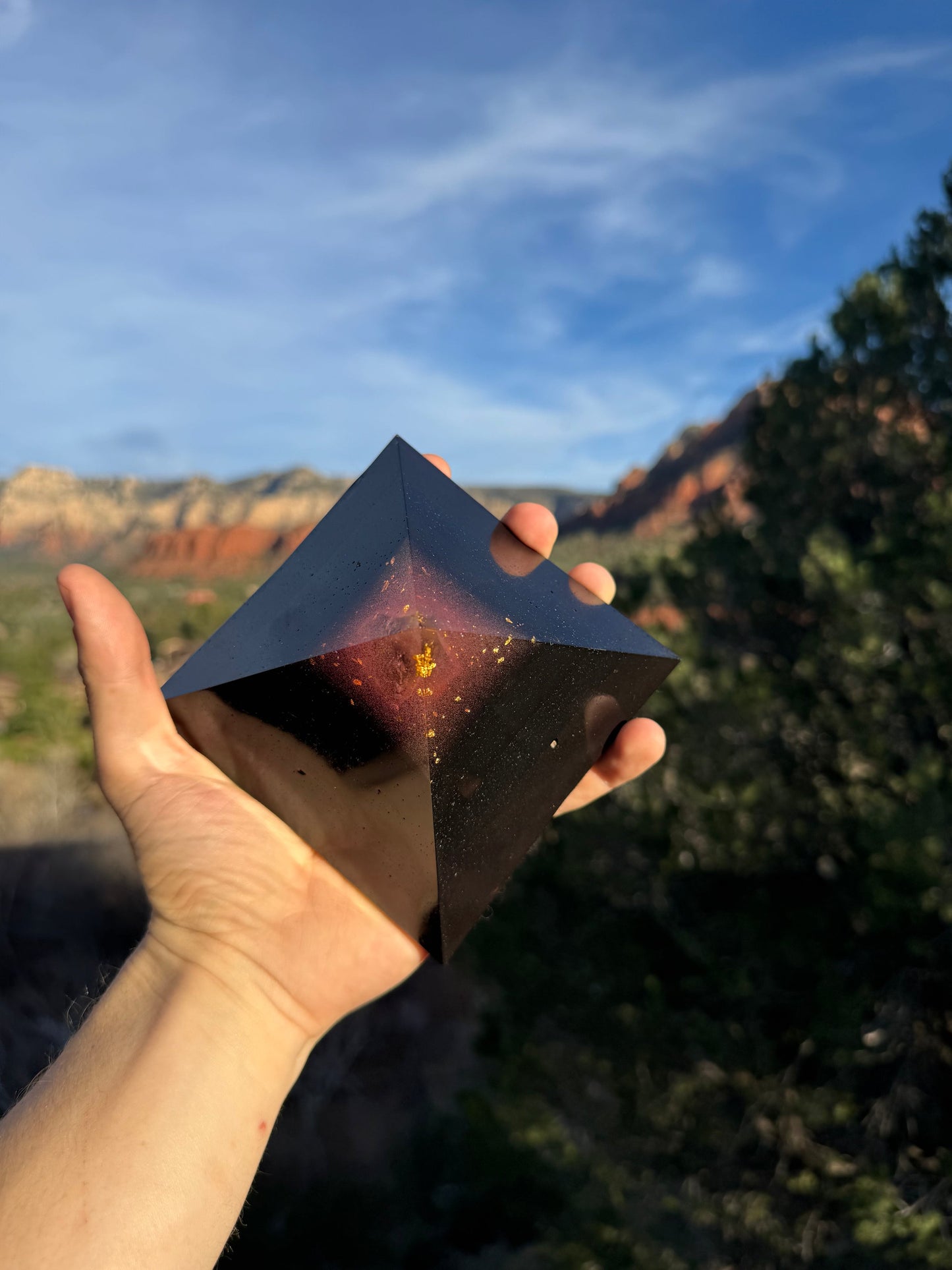 Titanium pink-tipped Black Sun Giza orgone pyramid, shown to scale