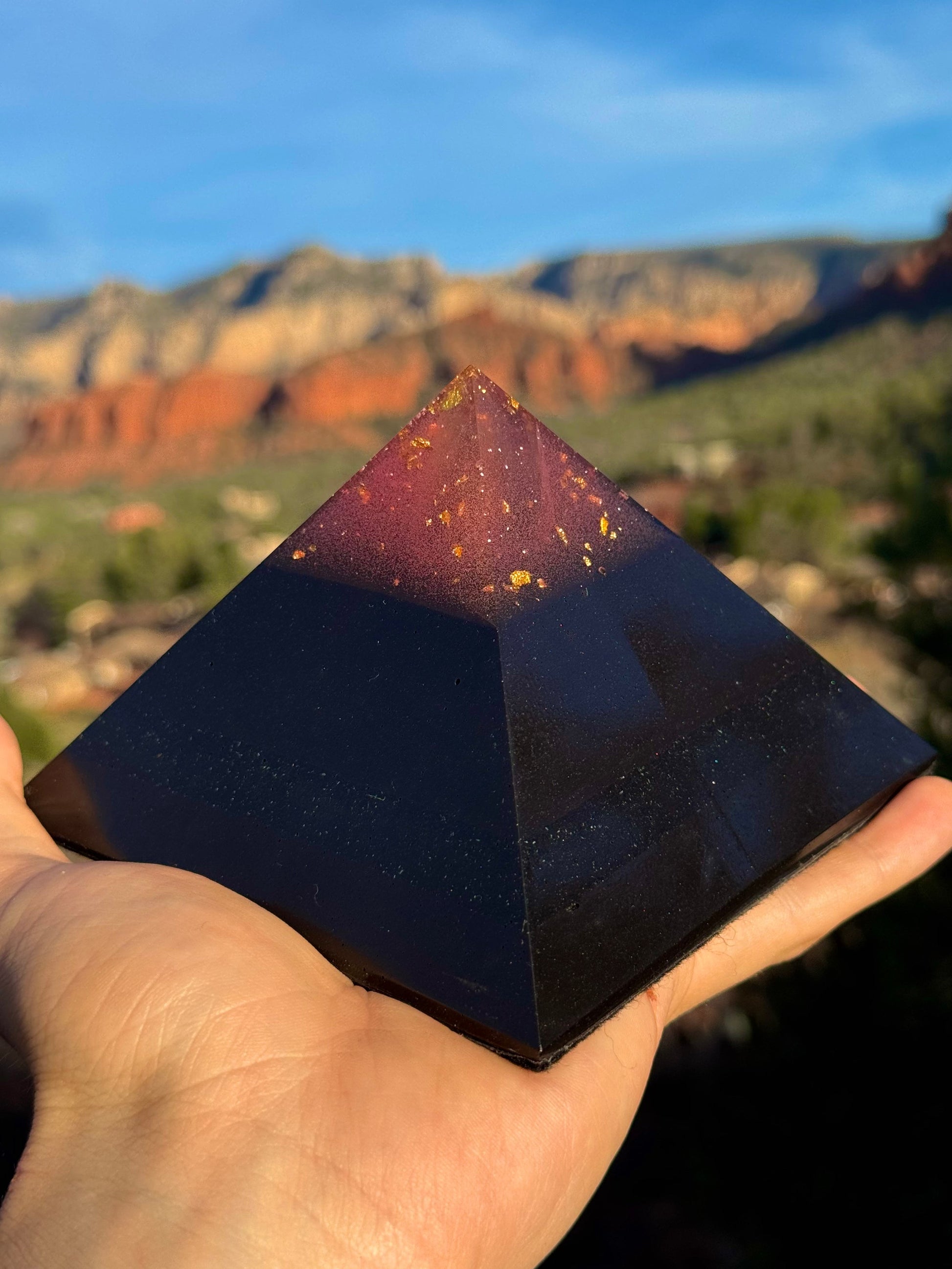 Titanium pink-tipped Black Sun Giza orgone pyramid, desk-scale with a 24K gold formula