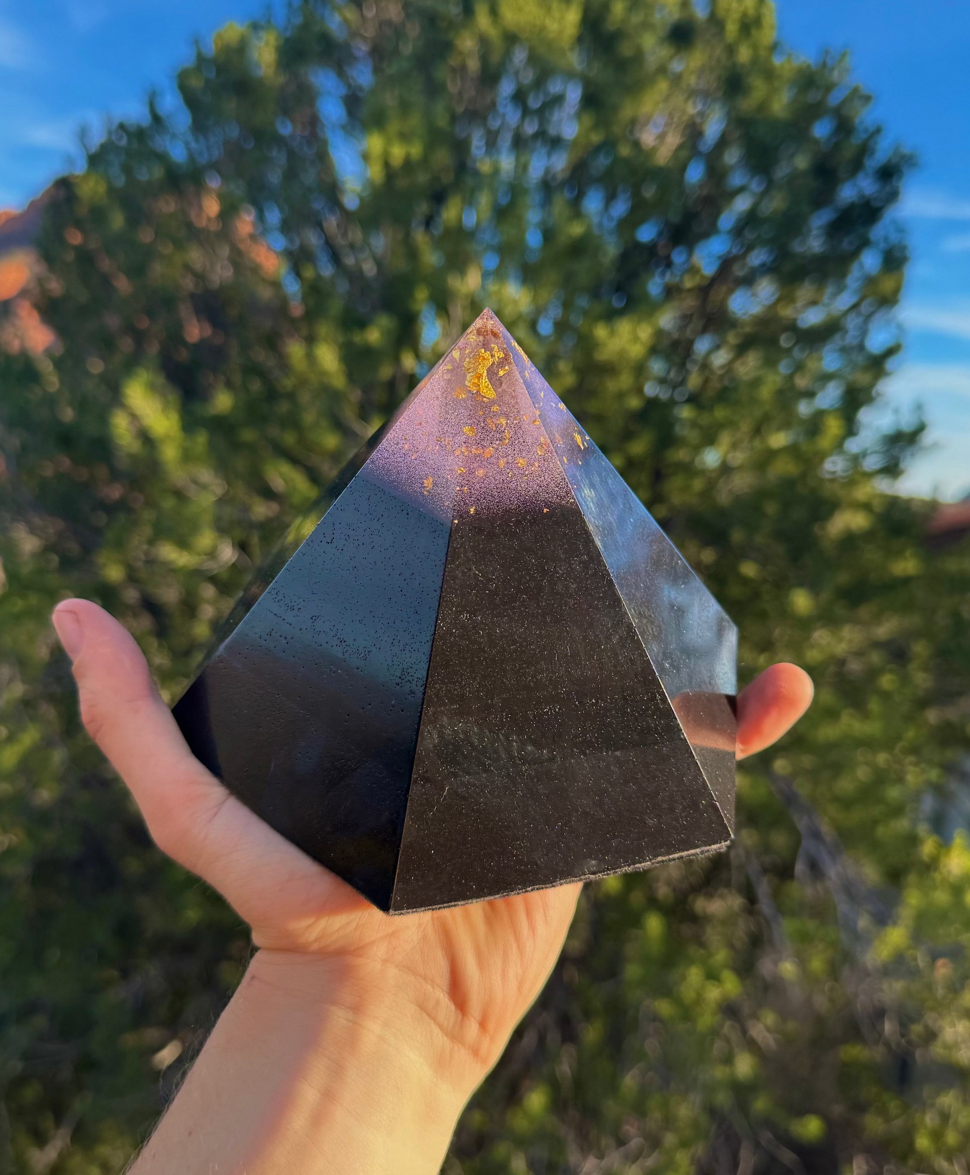 Purple 'Ajna' Black Sun Dodecahedron orgone pyramid for third-eye intuition, with purple mica and 24K gold